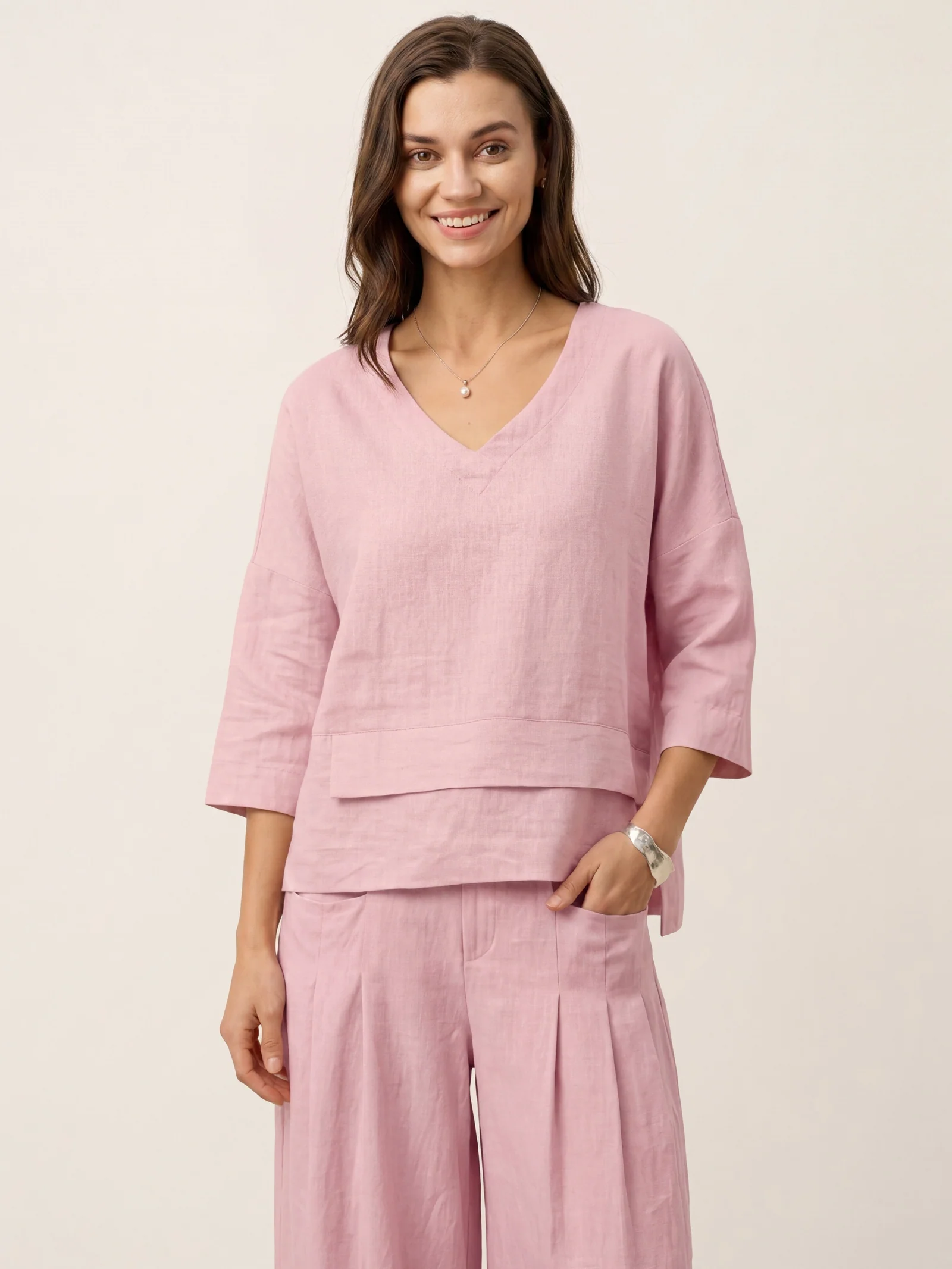 100% Linen Drop Shoulder Asymmetric Layered Hem Overtop VIOLA - Image 47