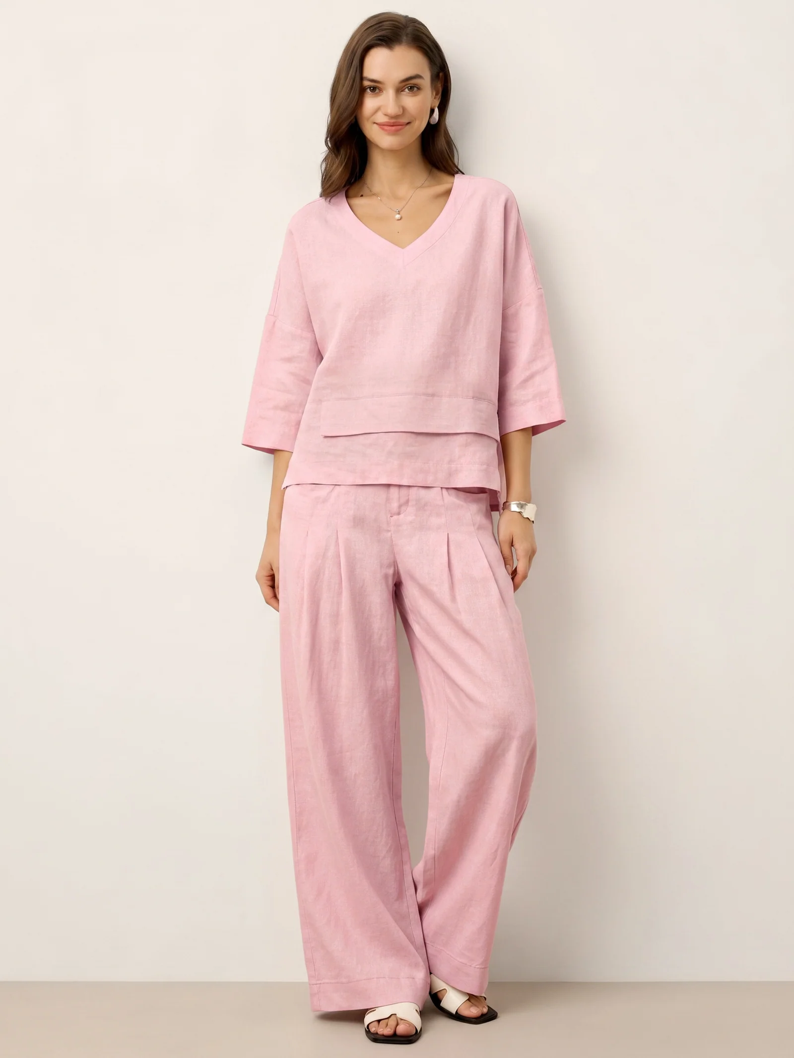 100% Linen Drop Shoulder Asymmetric Layered Hem Overtop VIOLA - Image 51