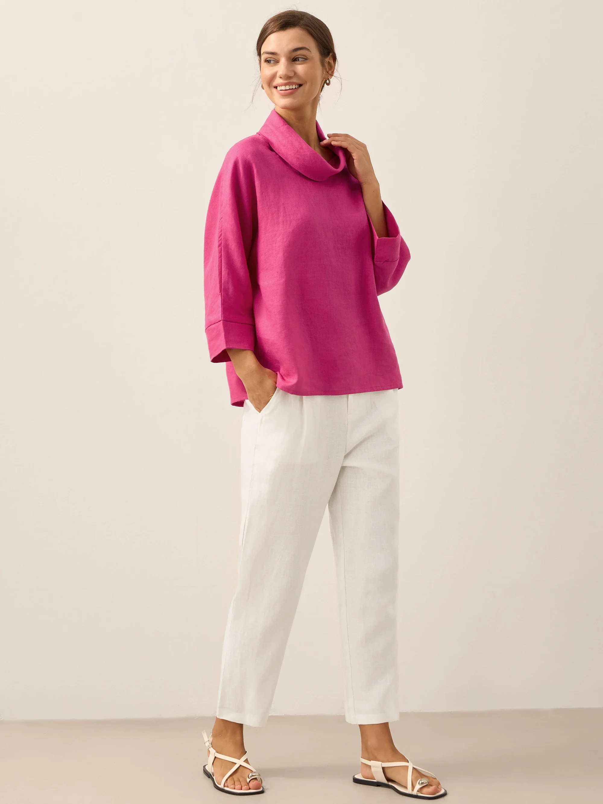 100% Linen Dropped Collar Long-Sleeve Top TRISTAN - Image 31