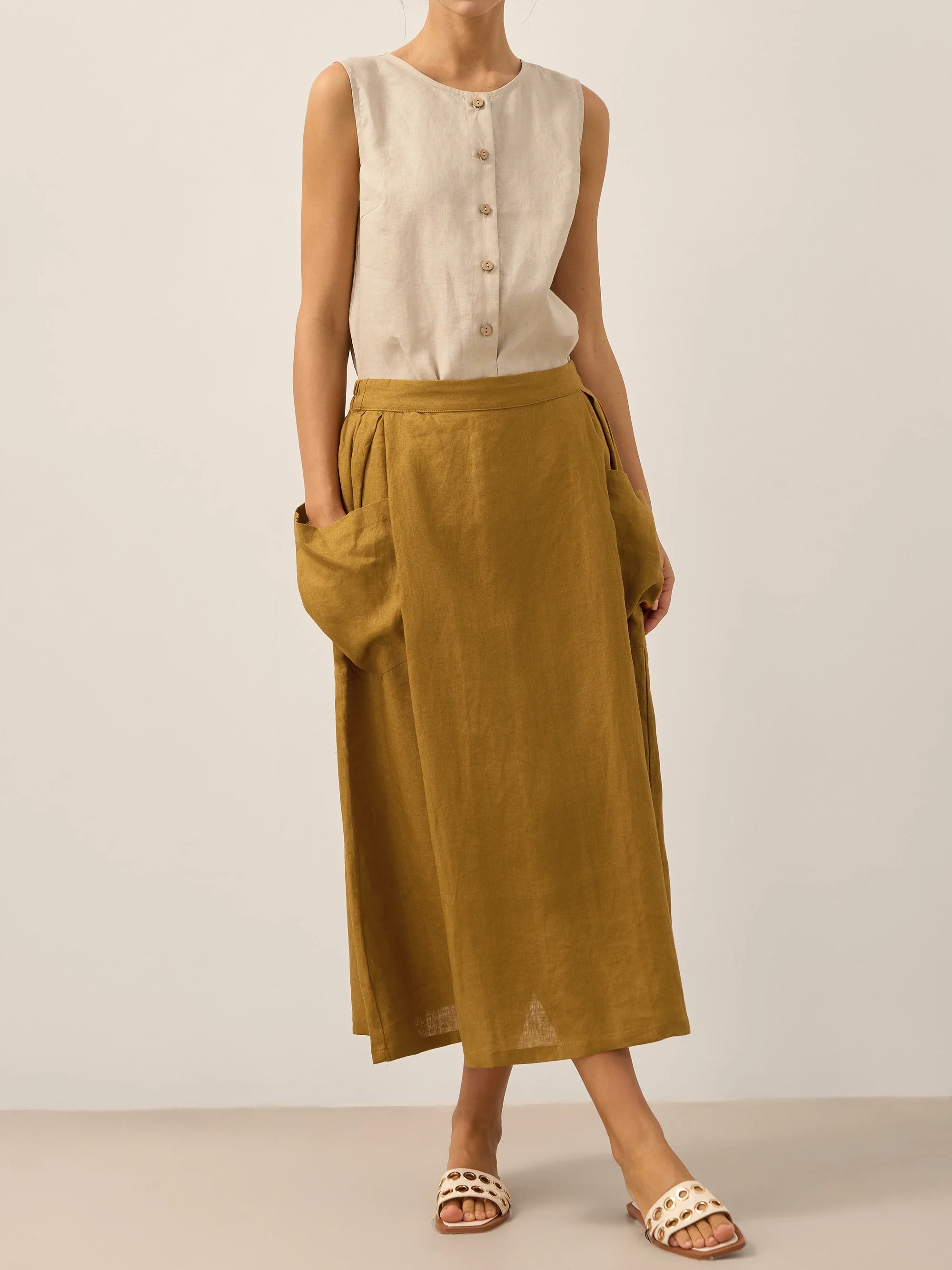 Linen Checked Elastic Waist Skirt MARINA - Image 29