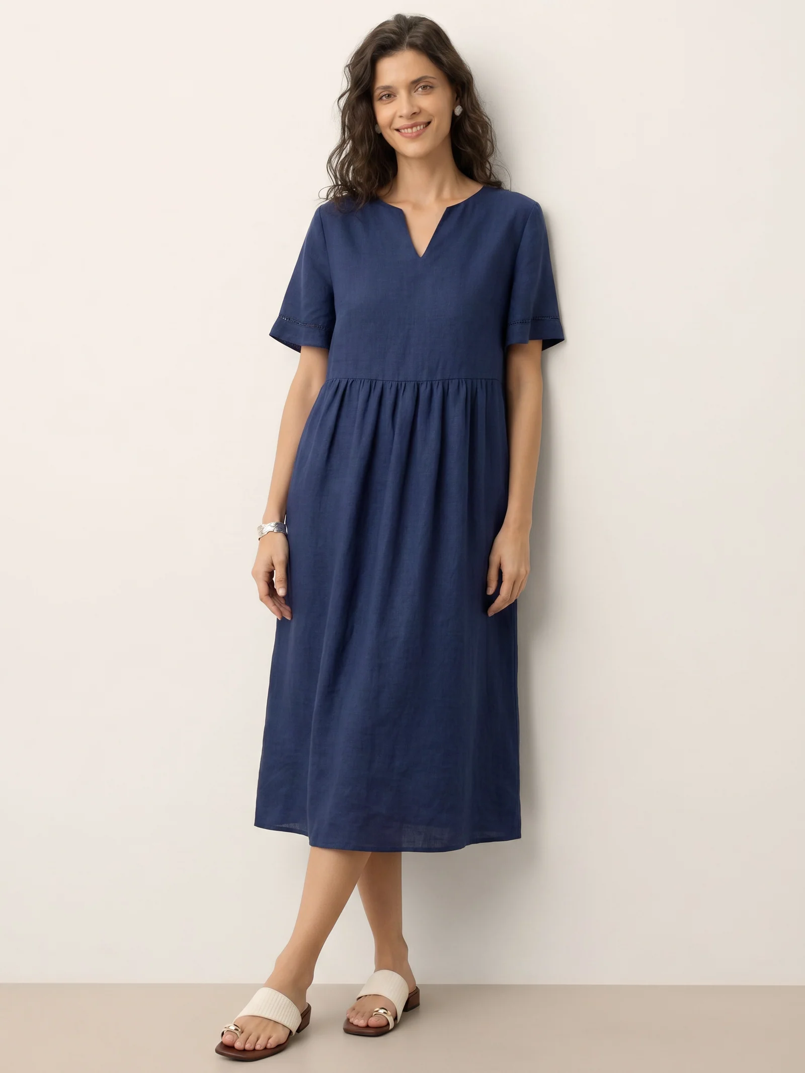 100% Linen Embroidered Cuff Split Neck Midi Dress OCTAVIA - Image 13