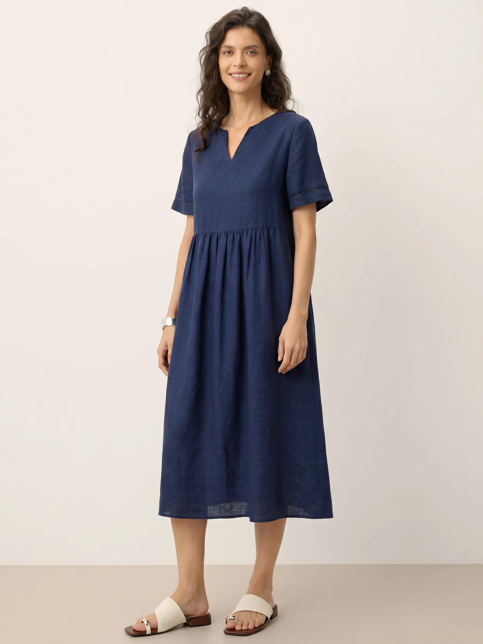 100% Linen Embroidered Cuff Split Neck Midi Dress OCTAVIA - Image 15