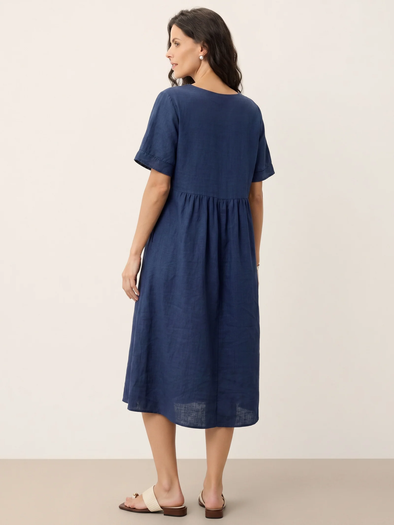 100% Linen Embroidered Cuff Split Neck Midi Dress OCTAVIA - Image 16