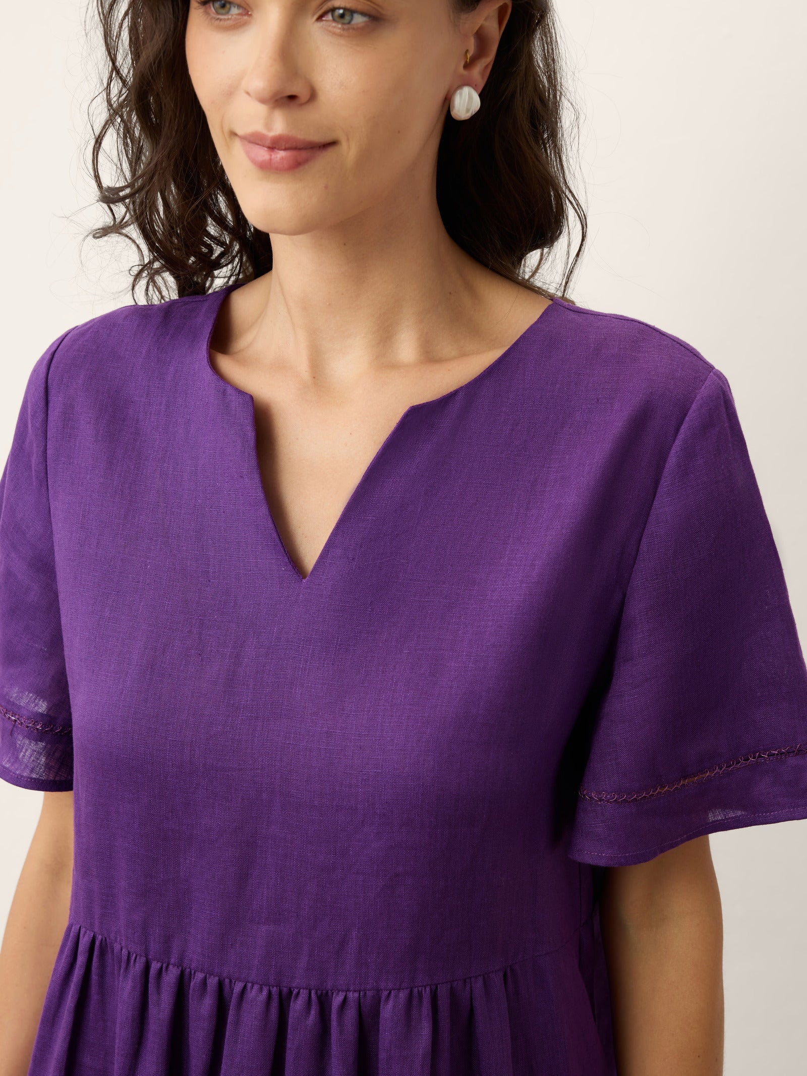 100% Linen Embroidered Cuff Split Neck Midi Dress OCTAVIA - Image 7