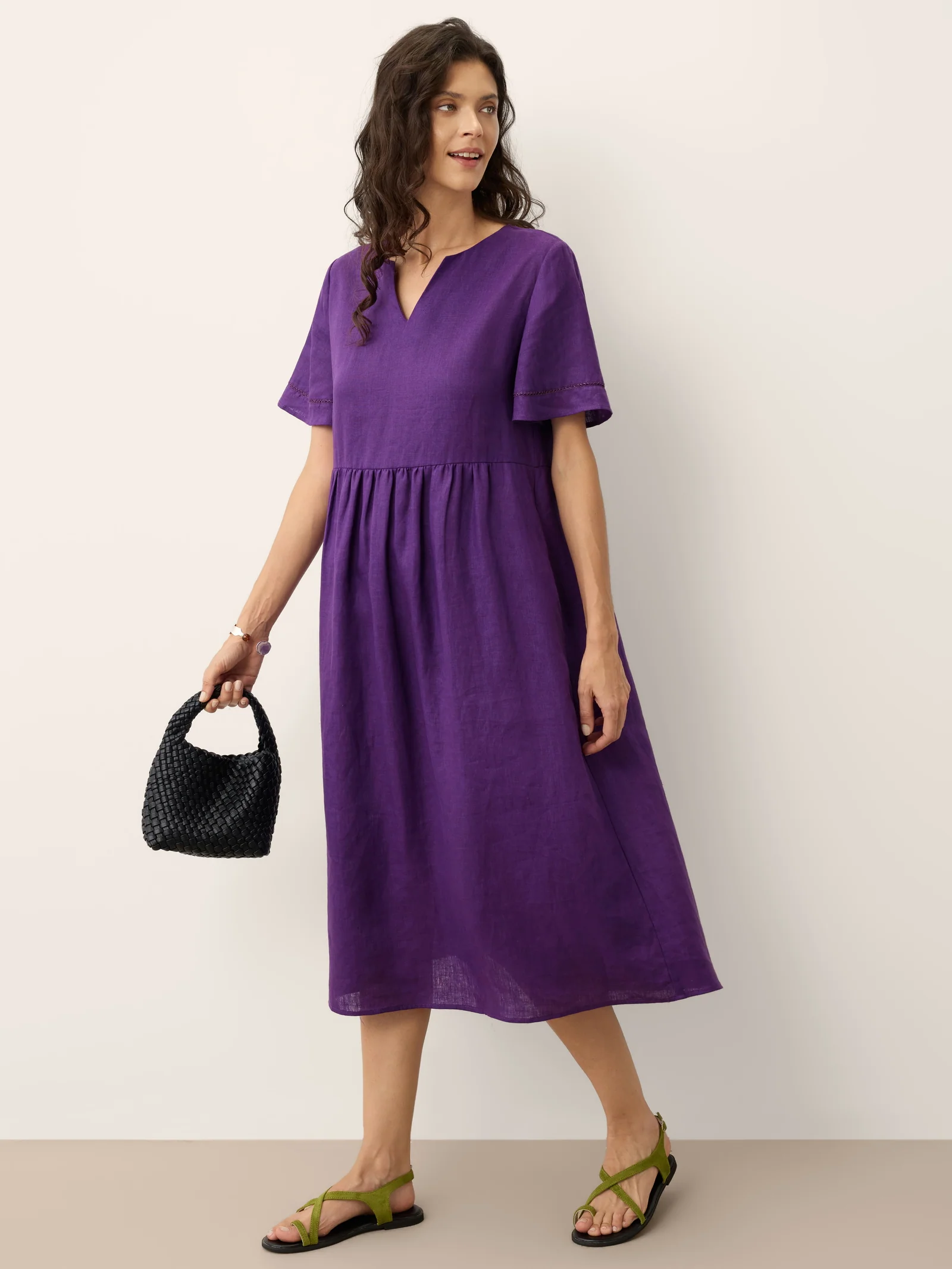 100% Linen Embroidered Cuff Split Neck Midi Dress OCTAVIA - Image 9
