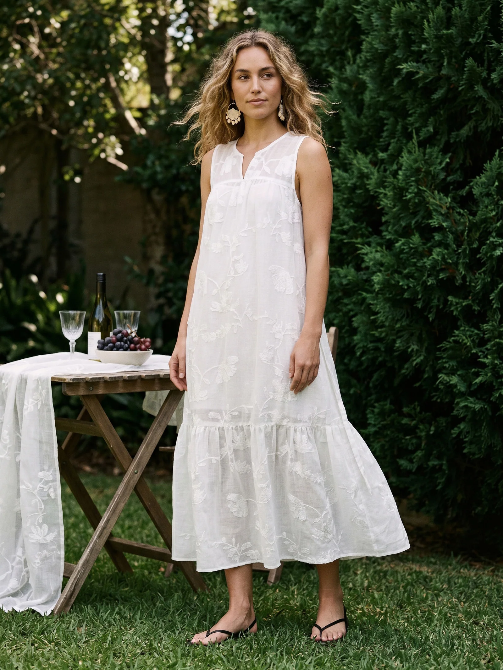 100% Linen Floral Applique Tie-Back Maxi Dress Set with Slip GENEVRA - Image 3