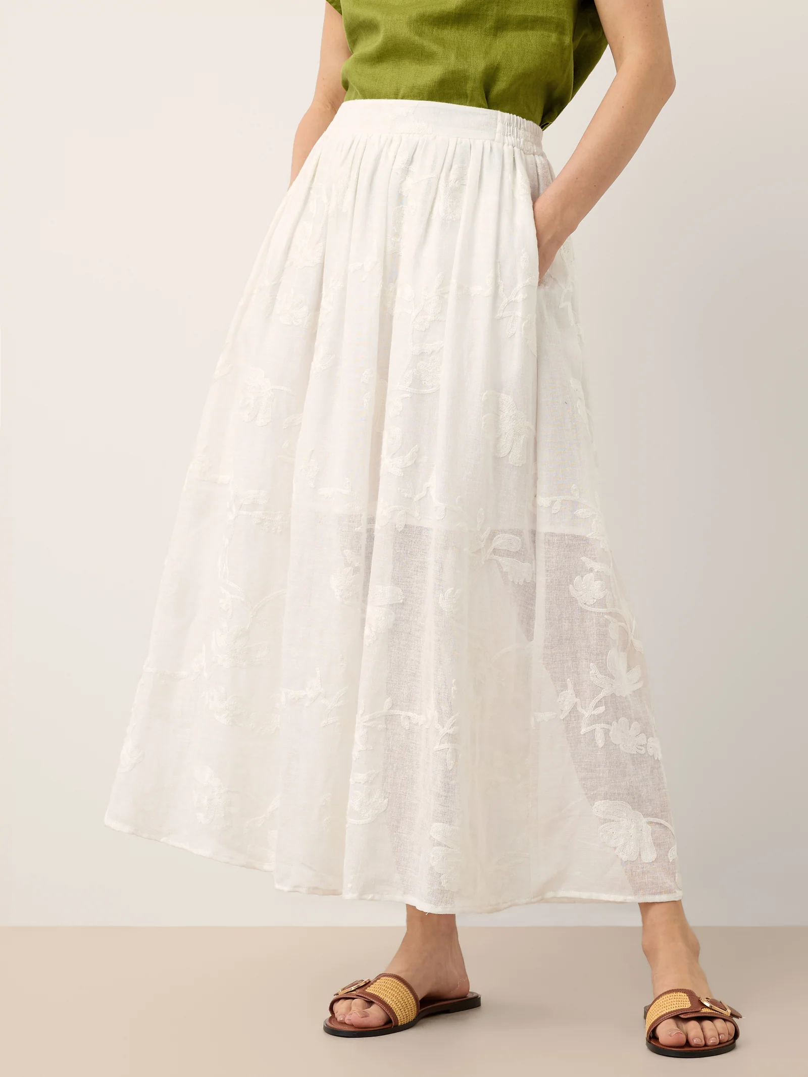100% Linen Floral Embroidered Elastic Waist Maxi Skirt FREYAH