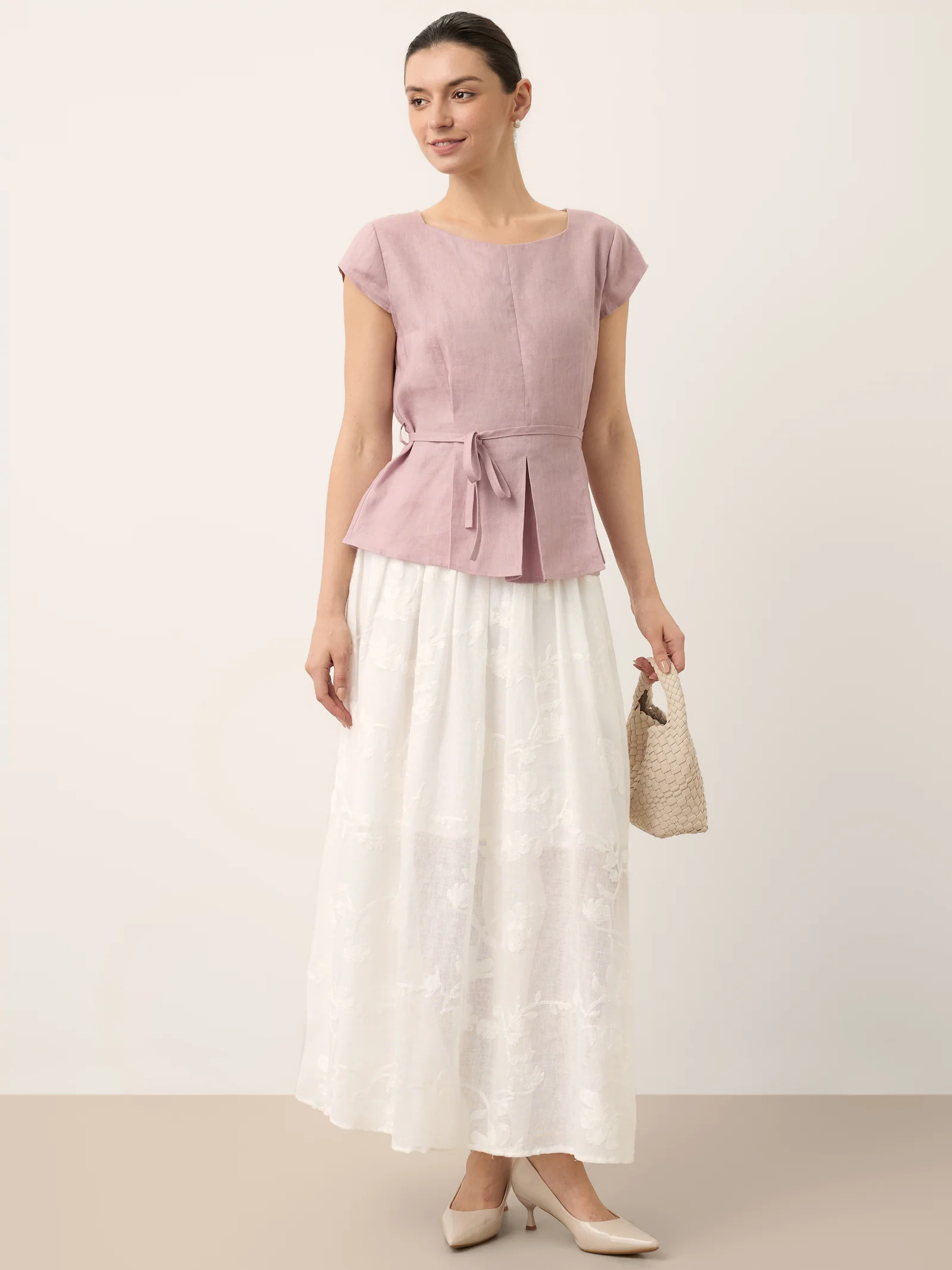 100% Linen Floral Embroidered Elastic Waist Maxi Skirt FREYAH - Image 10