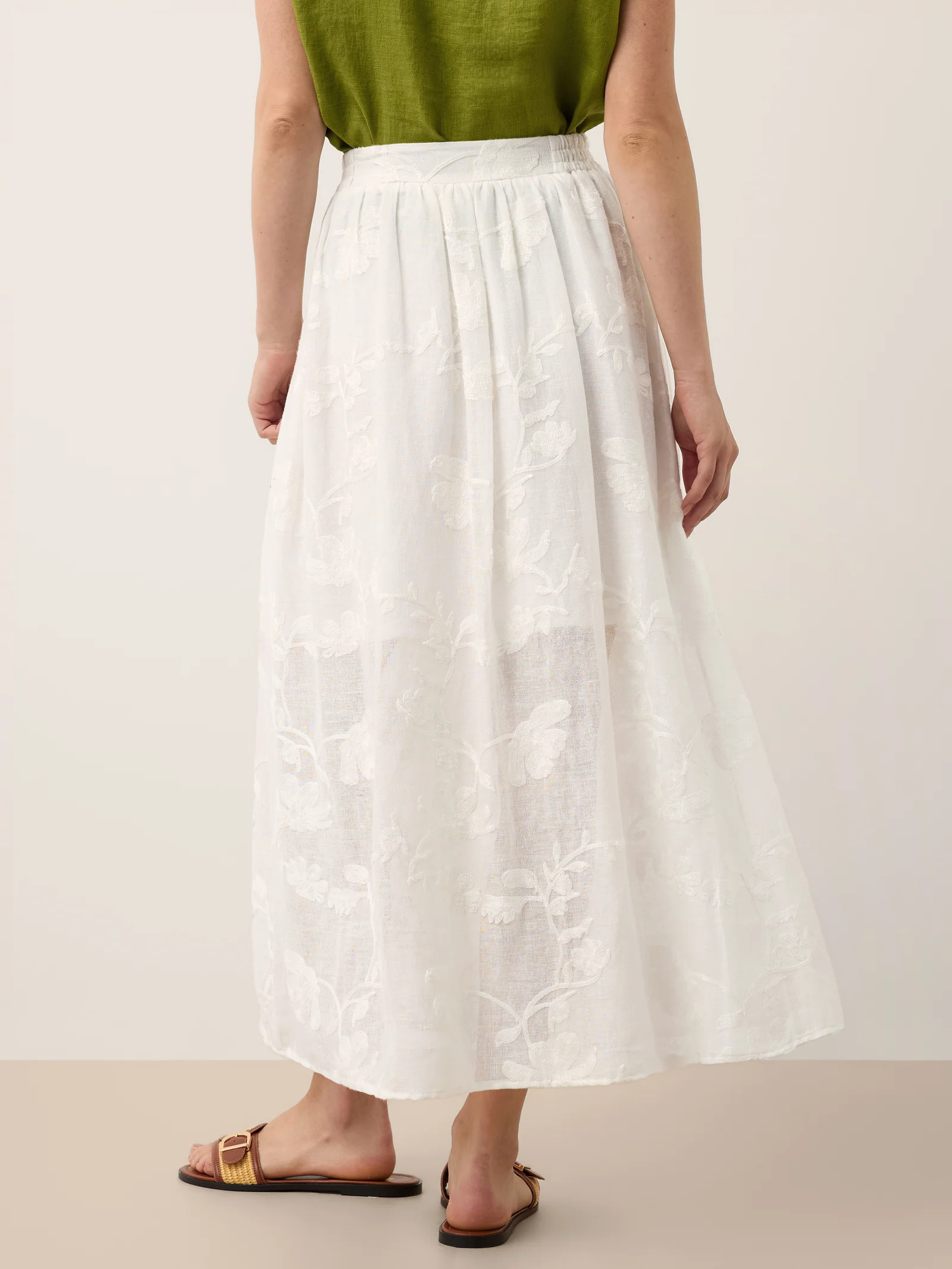 100% Linen Floral Embroidered Elastic Waist Maxi Skirt FREYAH - Image 8