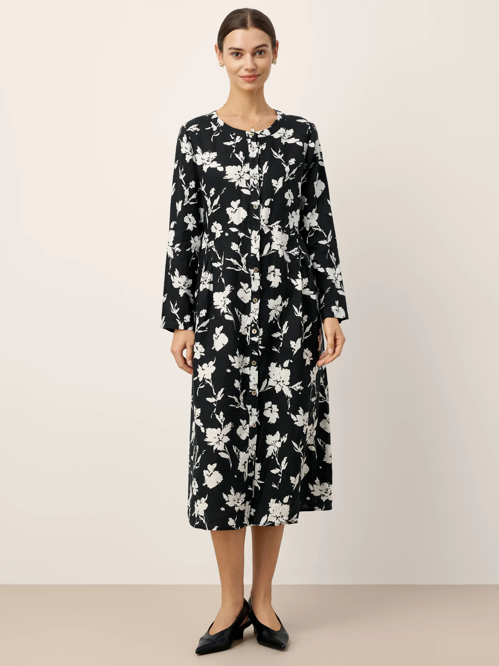 100% Linen Floral Printed Gathered Midi Dress ELODIE