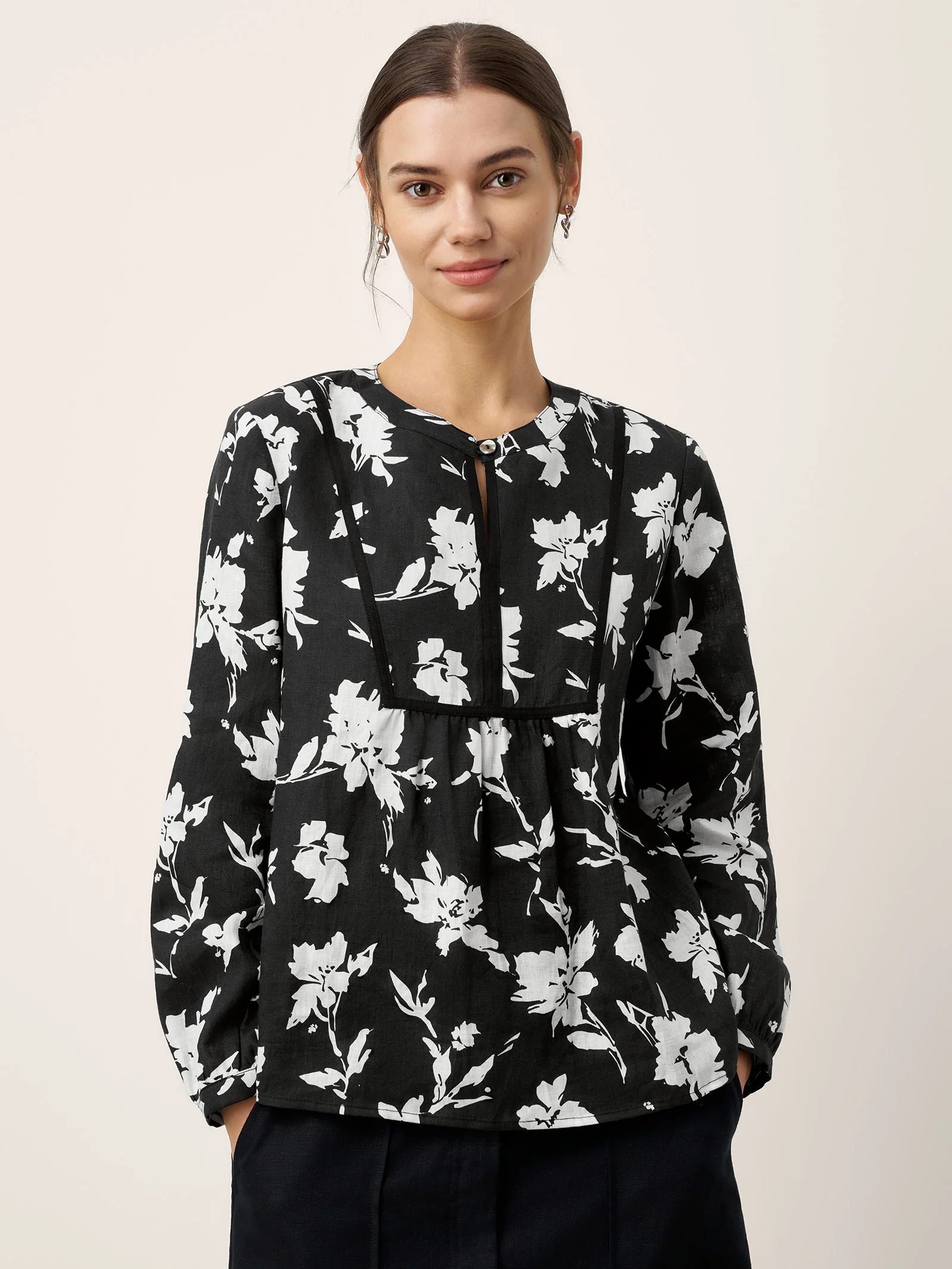 100% Linen Floral Printed Gathered Pullover Top AMIYA