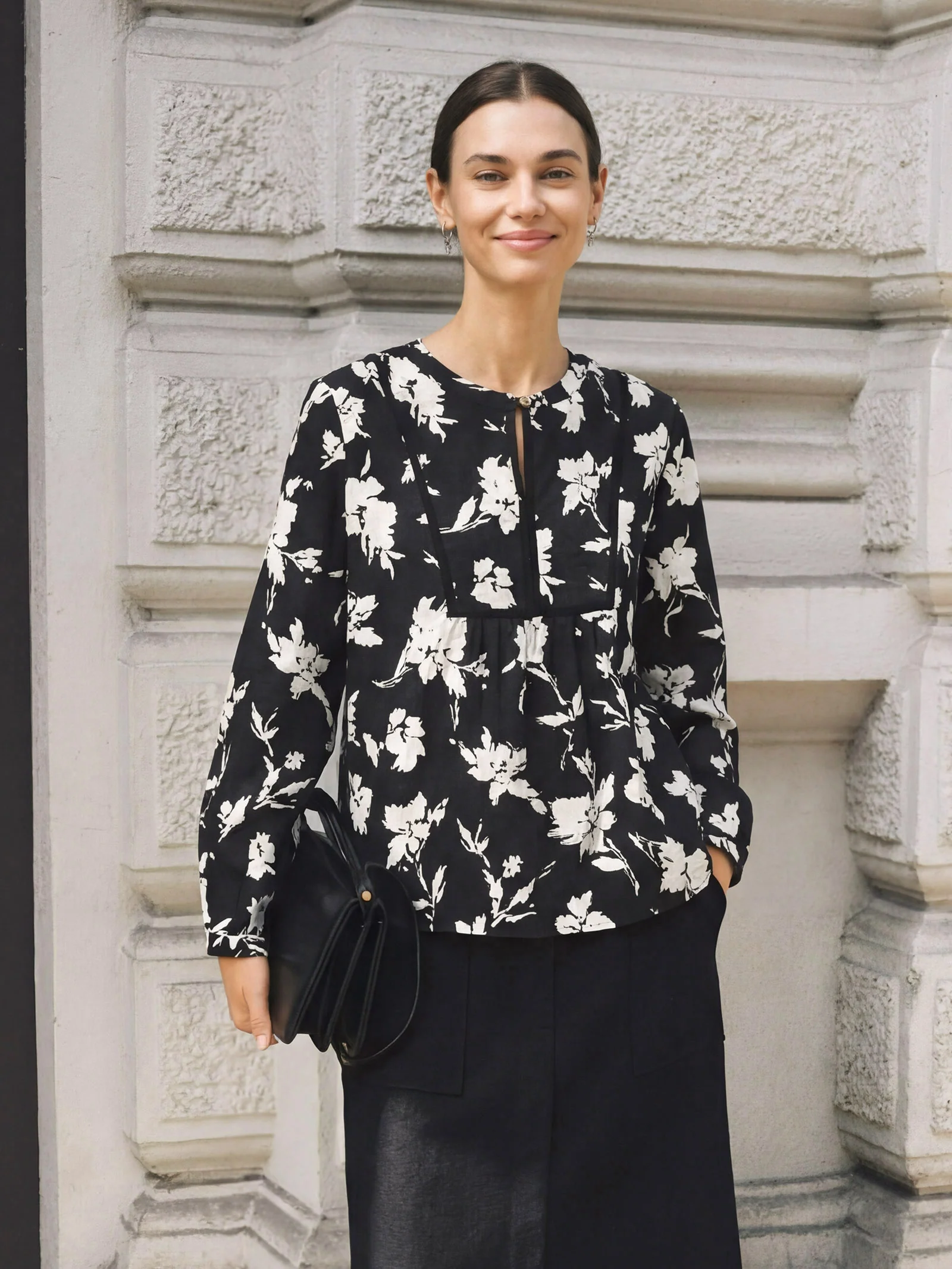 100% Linen Floral Printed Gathered Pullover Top AMIYA - Image 2
