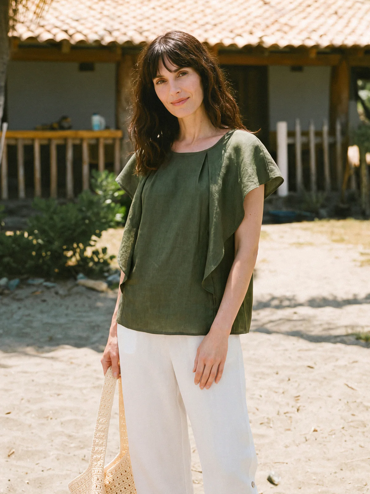 100% Linen Flutter Sleeve Sculpted Pleat Top DRUSILLA - Image 2