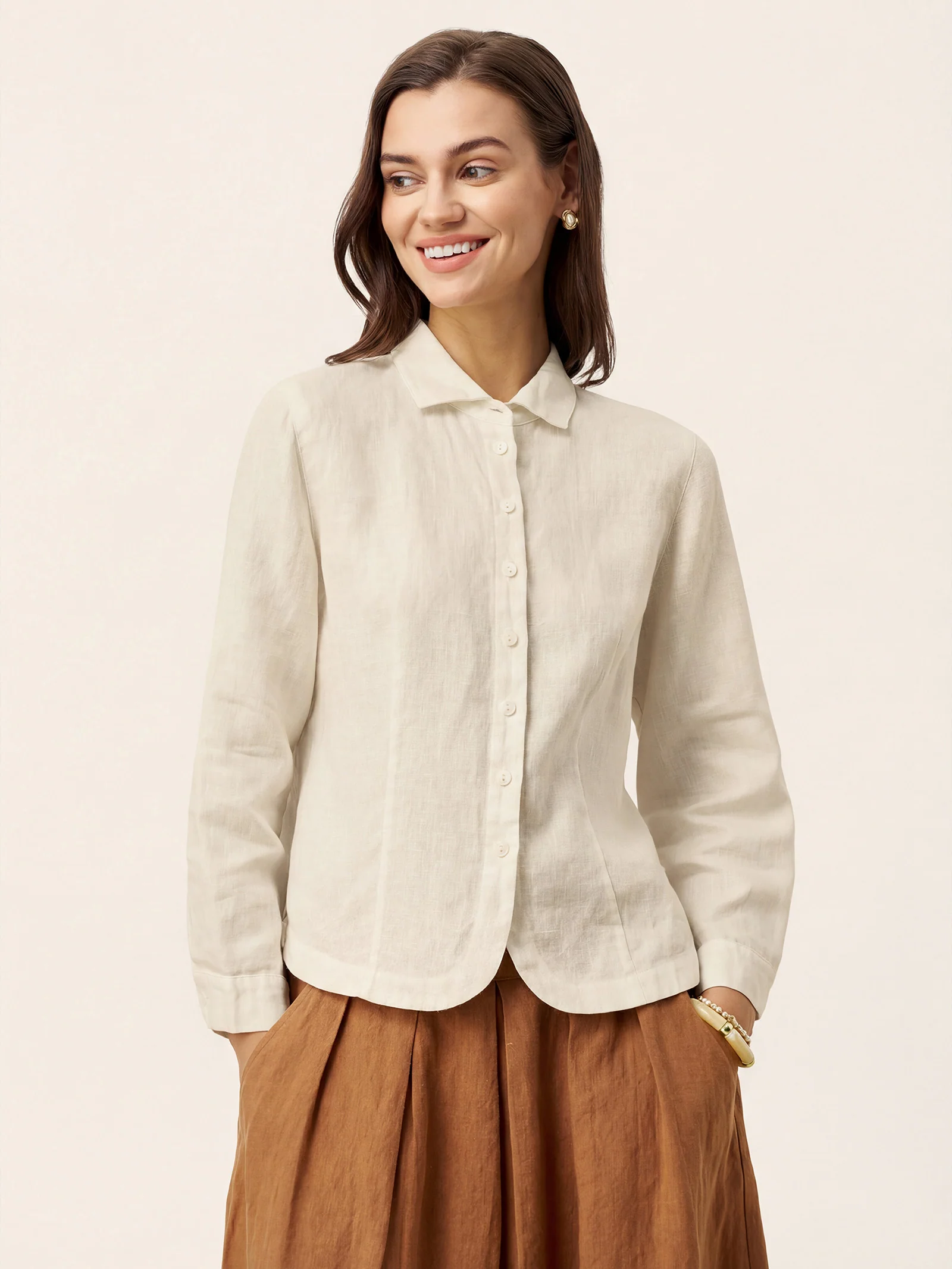 100% Linen Small Collar Curved Hem Tailored Shirt AVELINE - Image 10