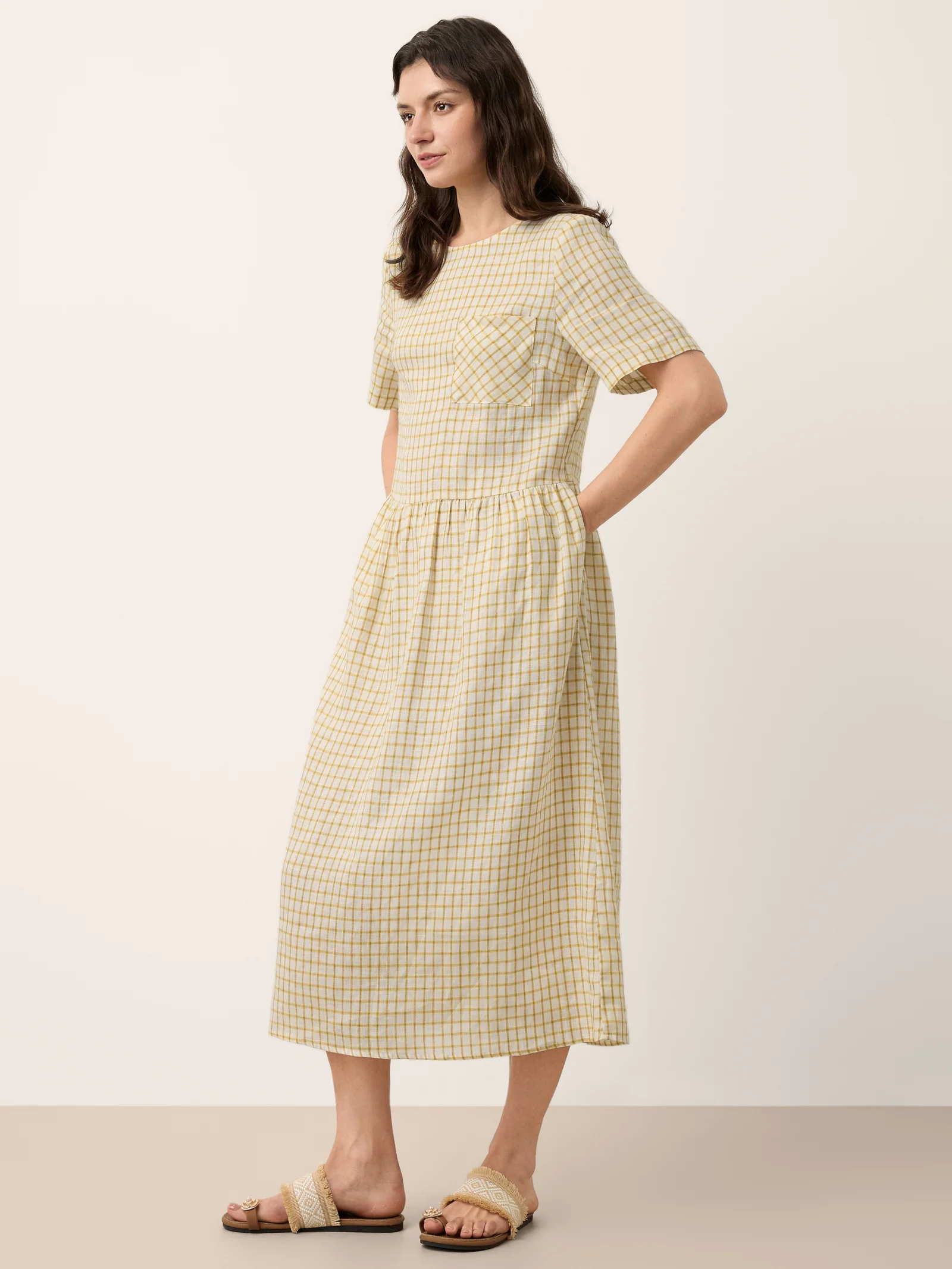 100% Linen Gingham Back Button Midi Dress ELISABETH - Image 10