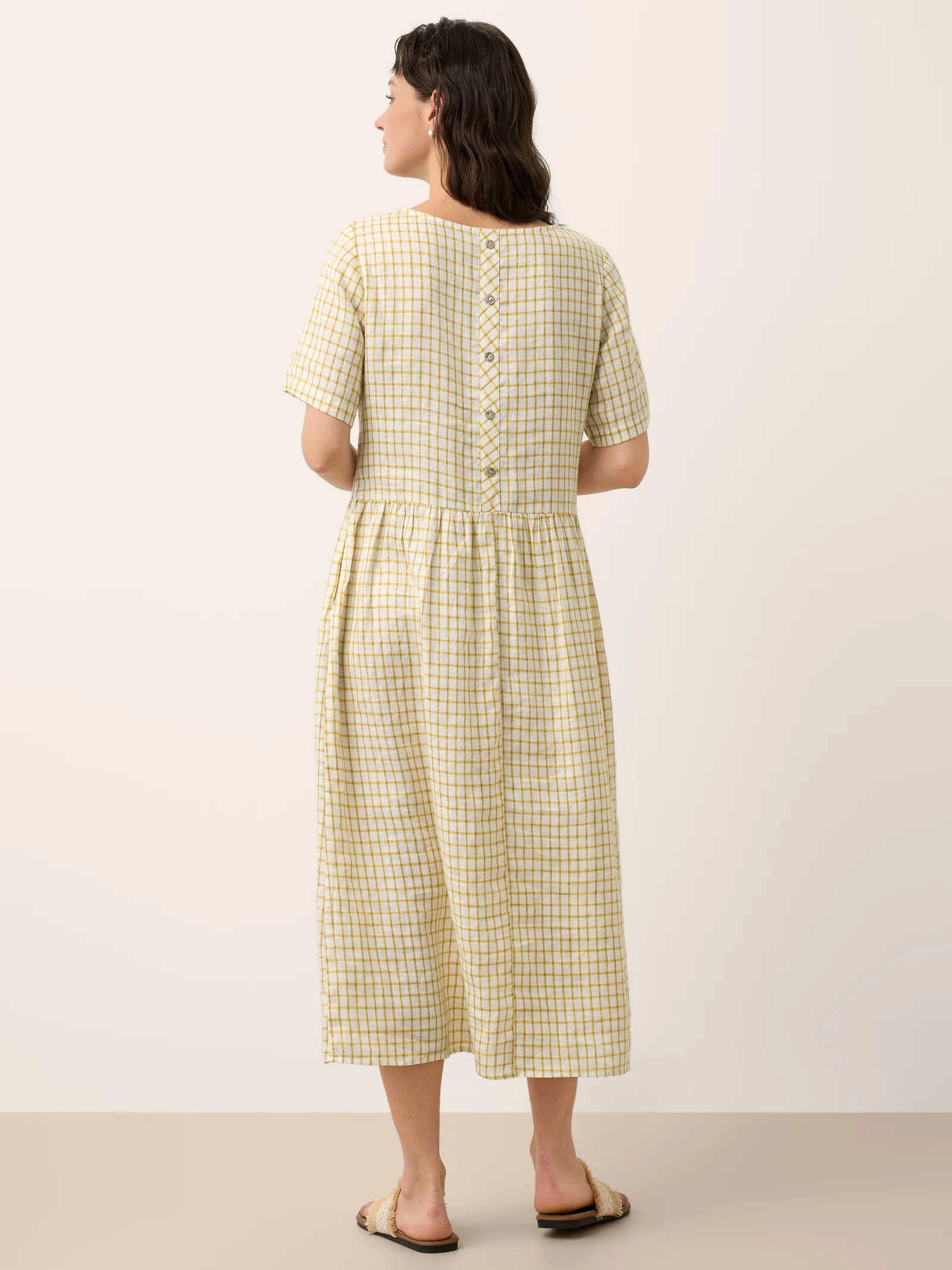 100% Linen Gingham Back Button Midi Dress ELISABETH - Image 11