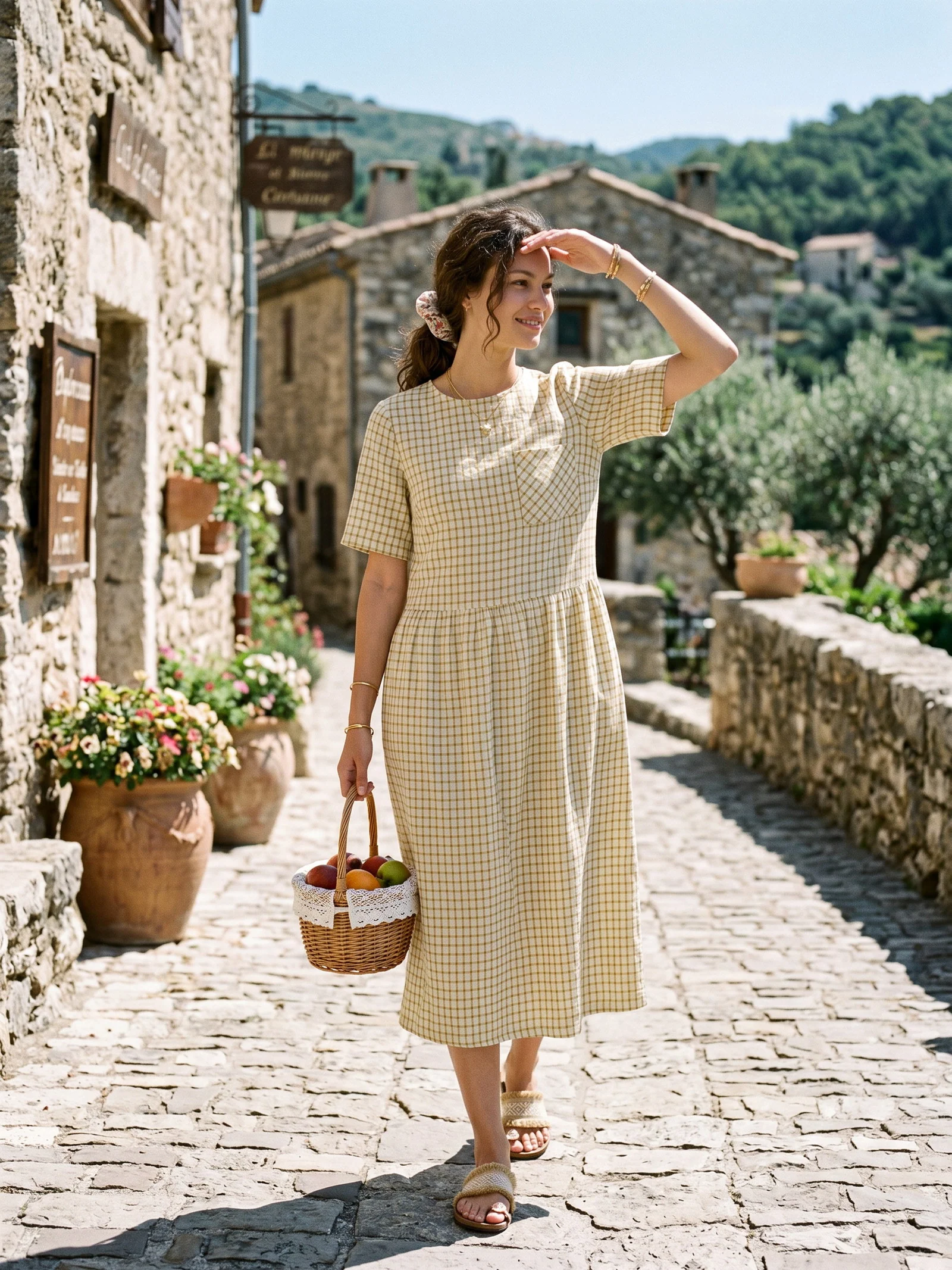 100% Linen Gingham Back Button Midi Dress ELISABETH - Image 2