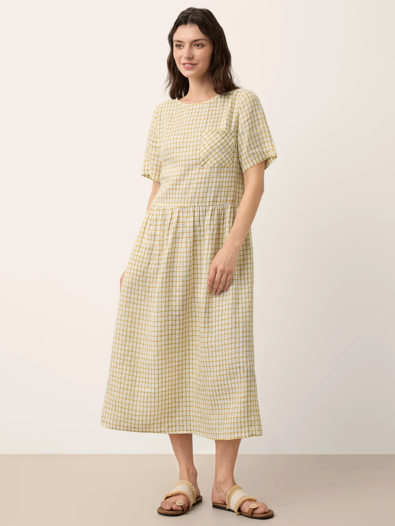 100% Linen Gingham Back Button Midi Dress ELISABETH - Image 4