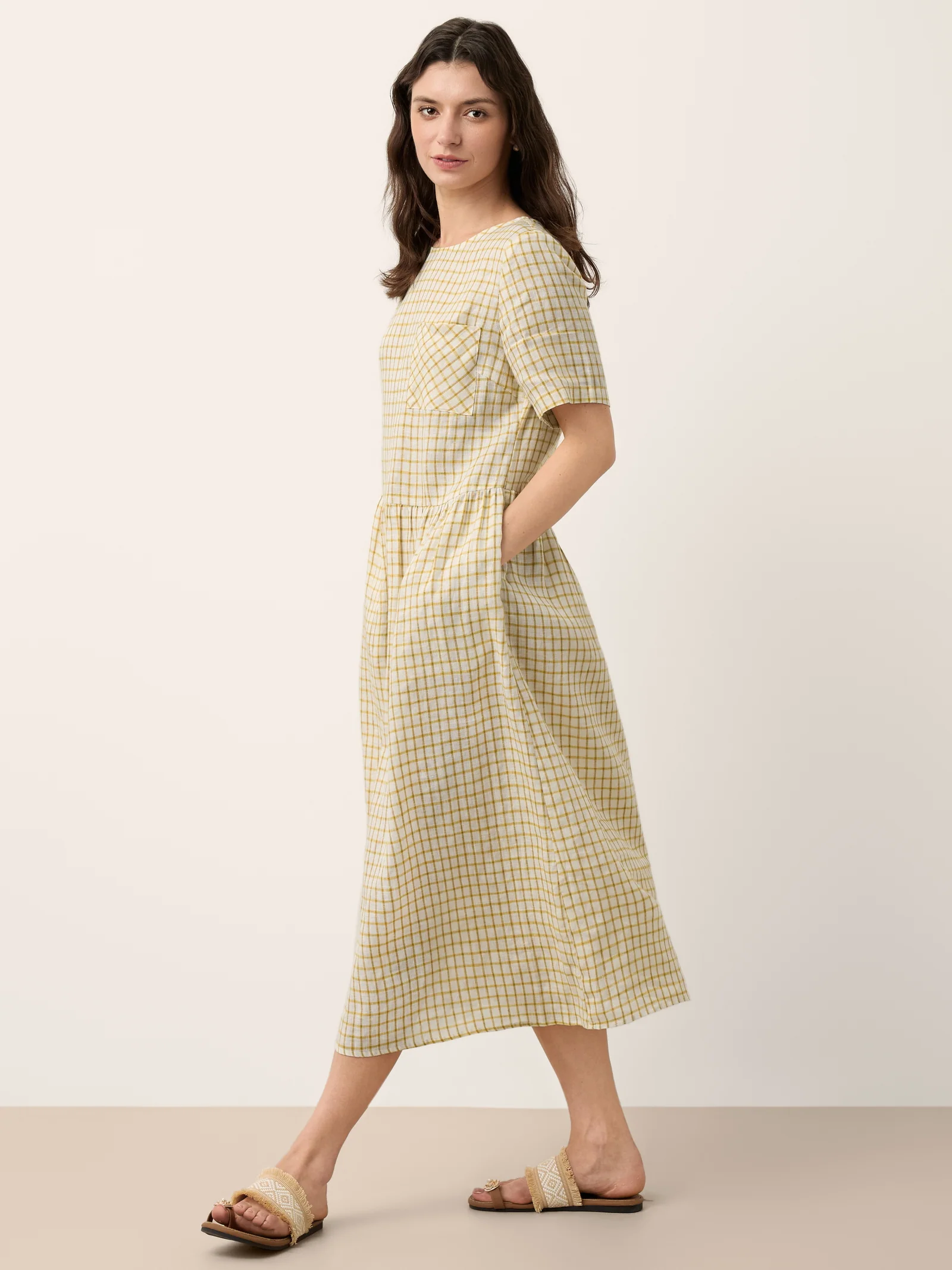 100% Linen Gingham Back Button Midi Dress ELISABETH - Image 8