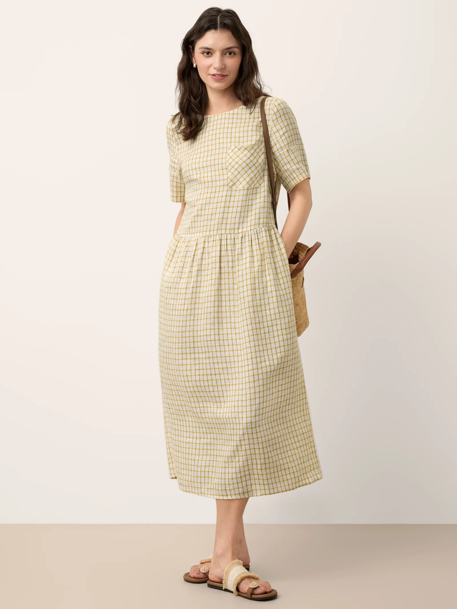 100% Linen Gingham Back Button Midi Dress ELISABETH - Image 9