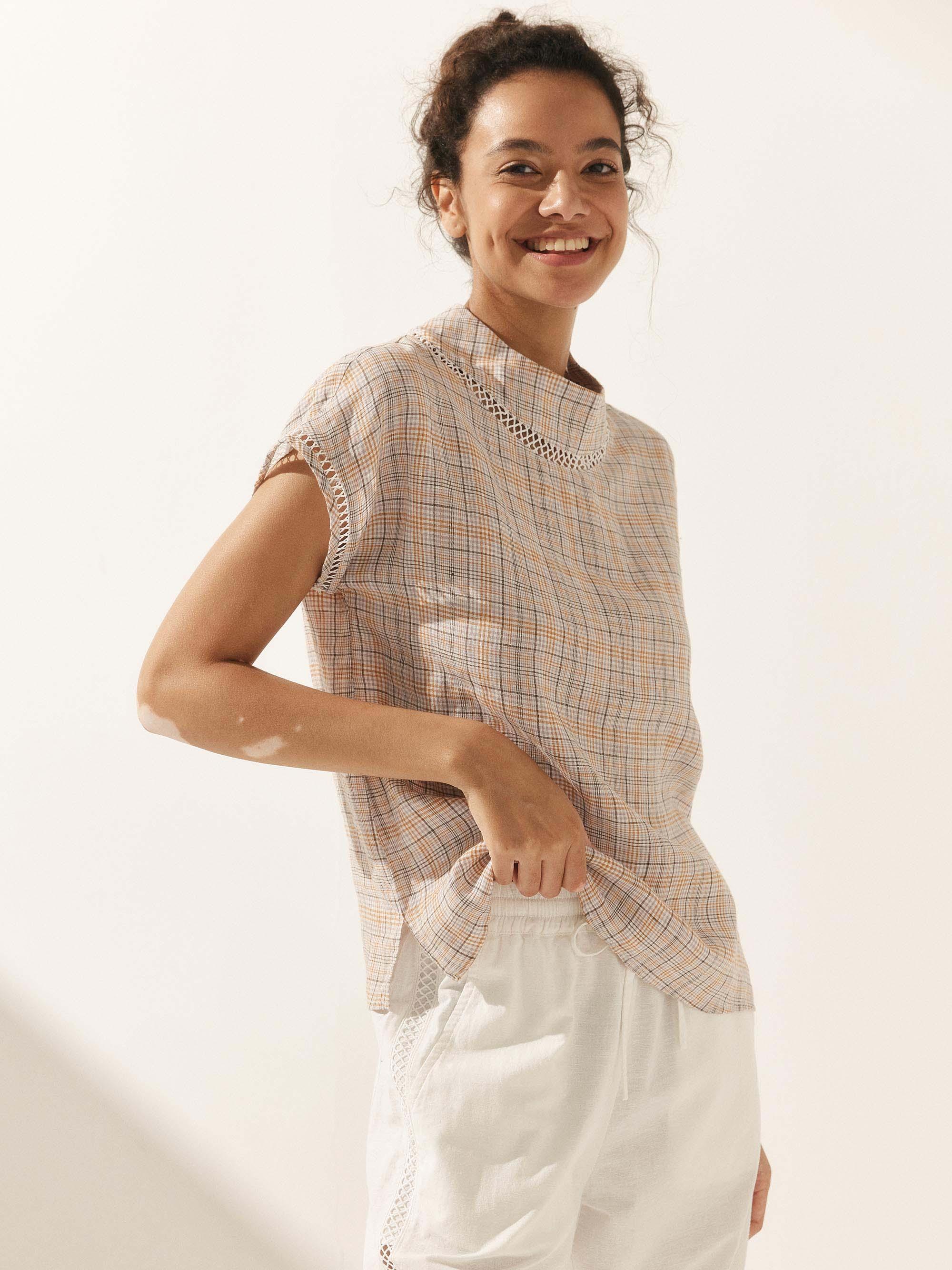 100% Linen Gingham Checked Cutout Turtleneck Top CAROL - Image 11