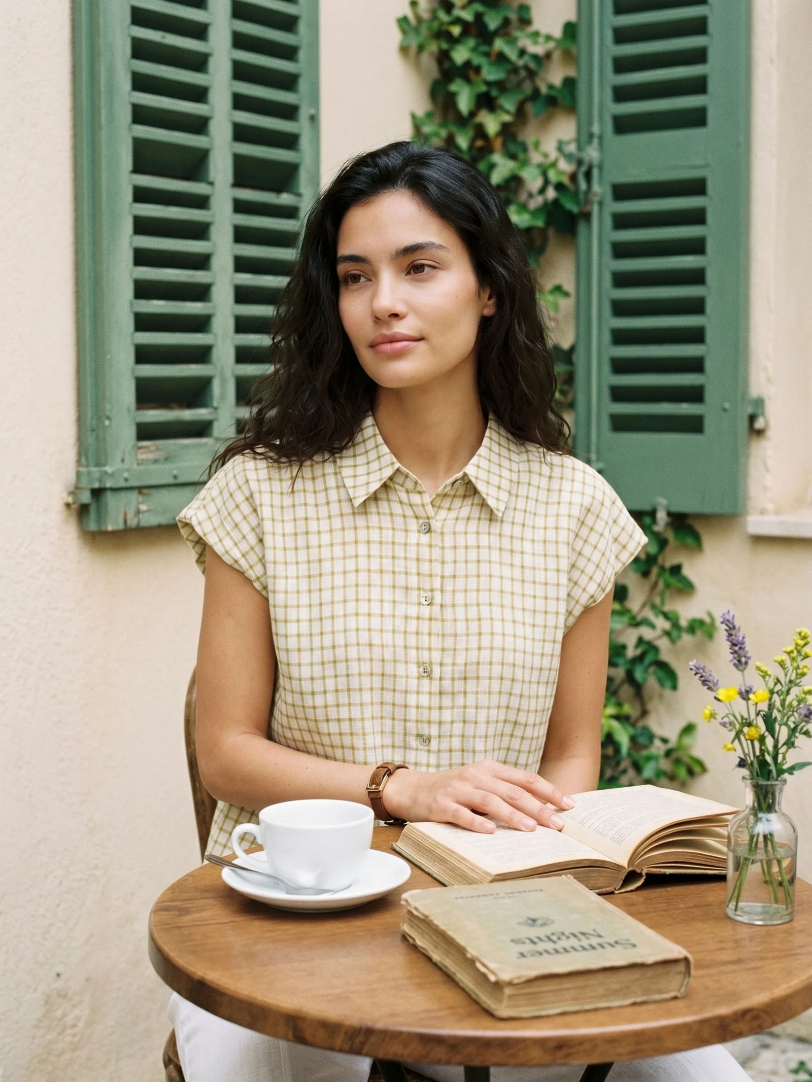 100% Linen Gingham Ruffle Sleeve Shirt CYBELLE - Image 2