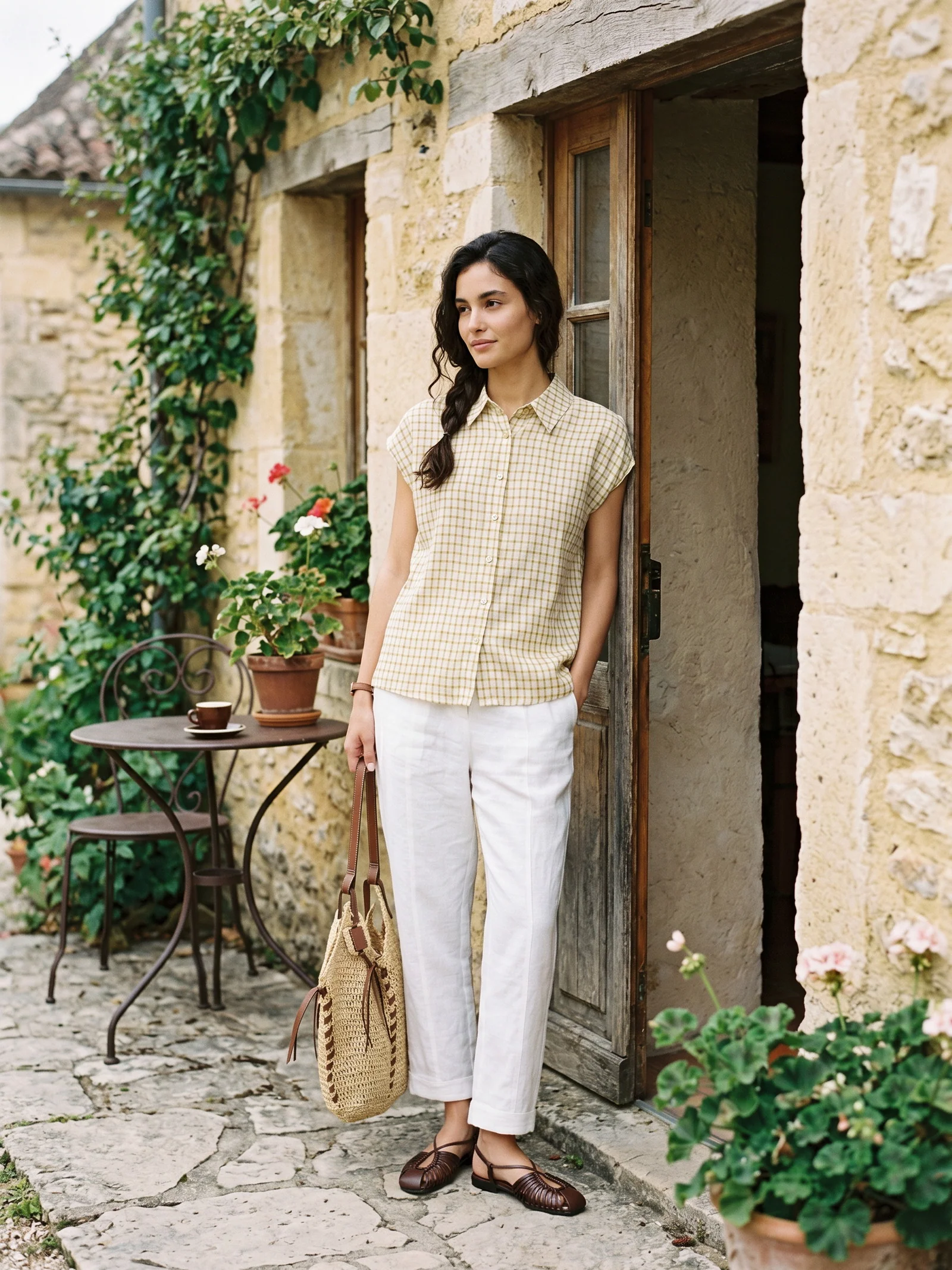 100% Linen Gingham Ruffle Sleeve Shirt CYBELLE - Image 3