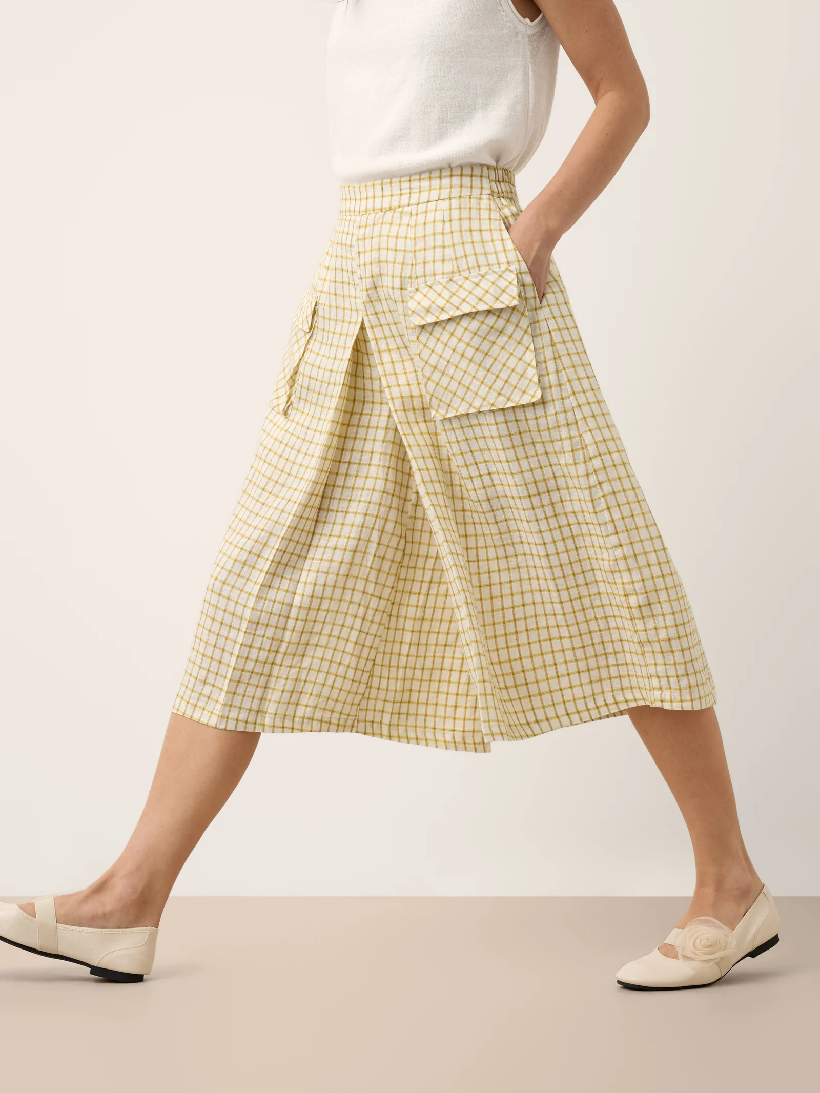 100% Linen Gingham Split Front Culotte Pants DAVINA - Image 4