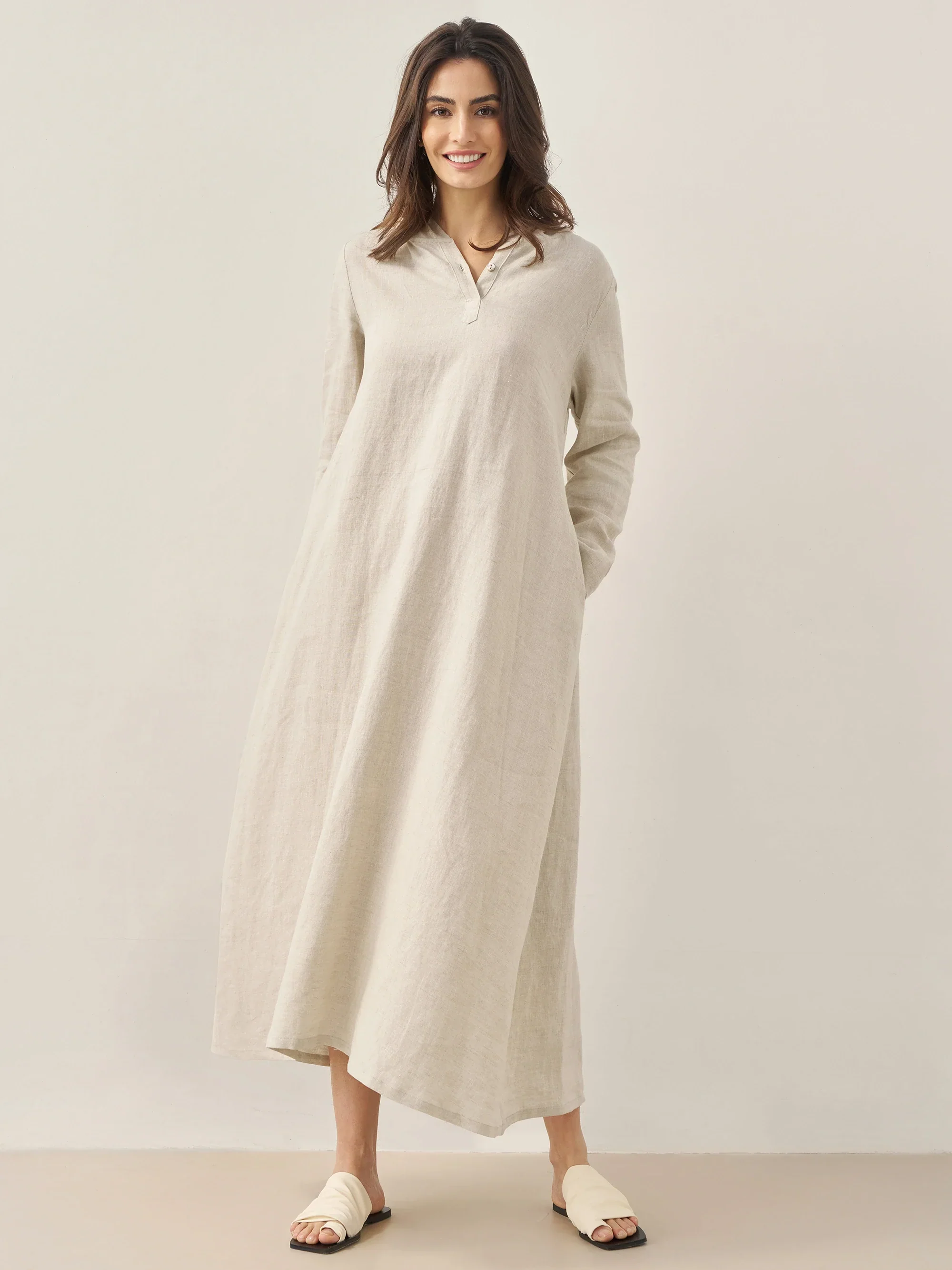 100% Linen Hooded Pullover Midi Dress REBECCA