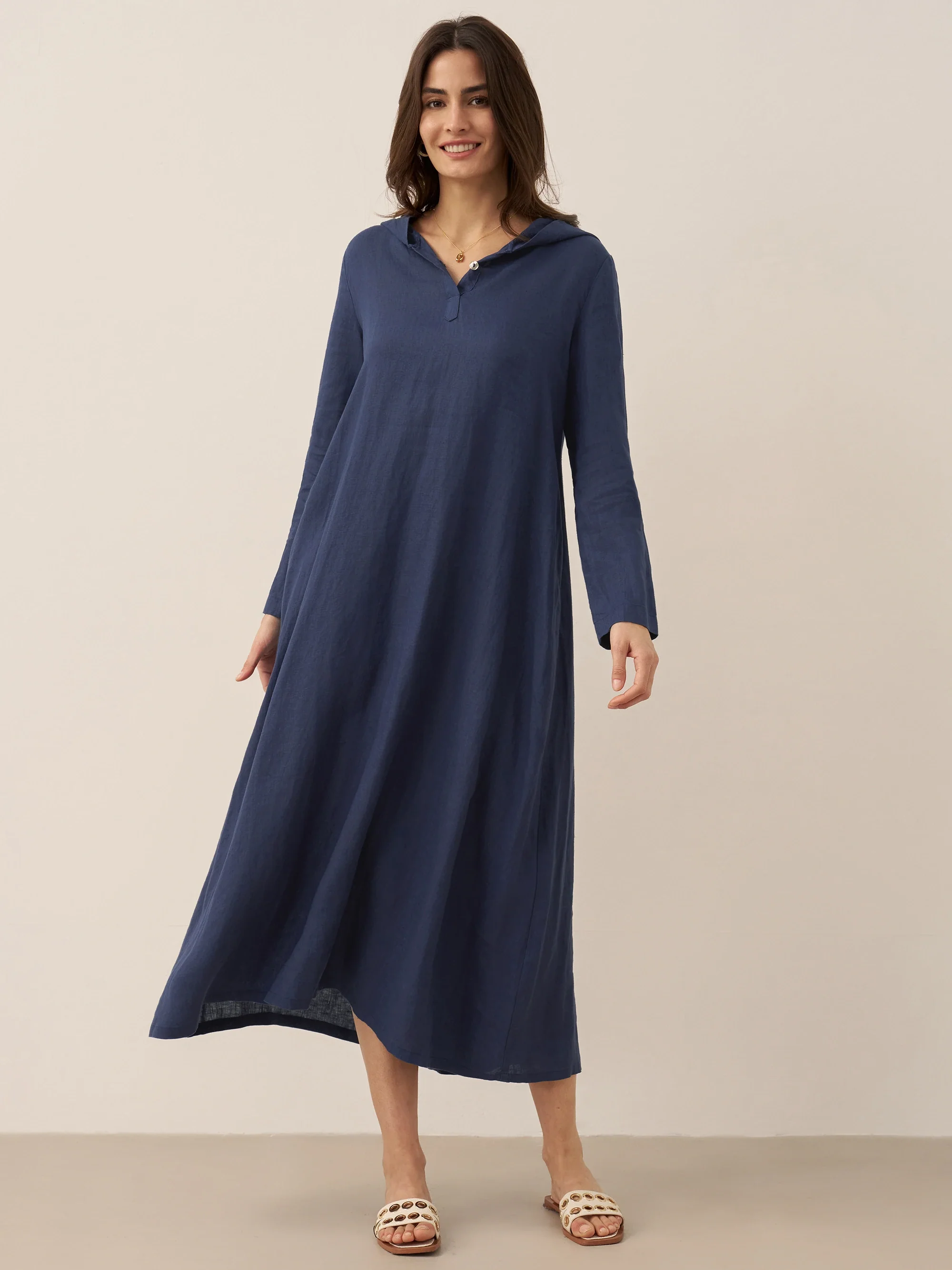 100% Linen Hooded Pullover Midi Dress REBECCA - Image 11