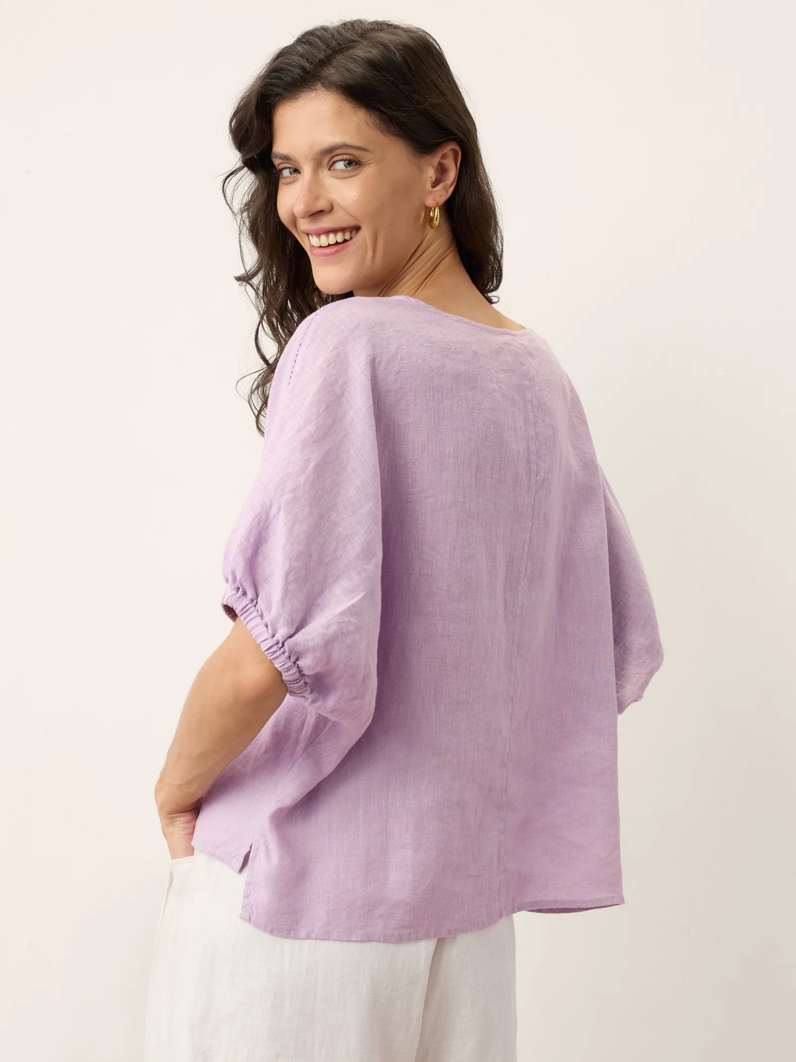 100% Linen Lace Inset Sculpted Cuff Top QUILLA - Image 7