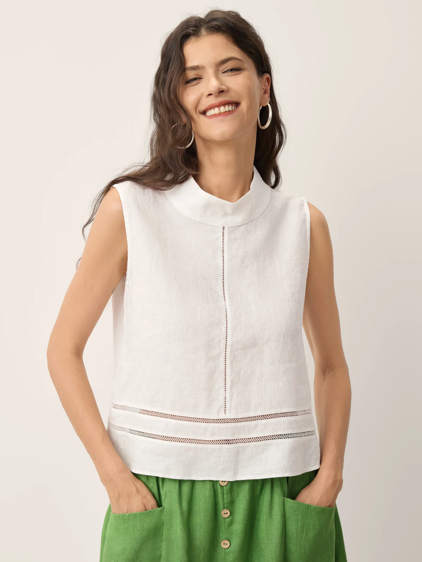 100% Linen Lace Inset Stand Collar Sleeveless Top ULANI