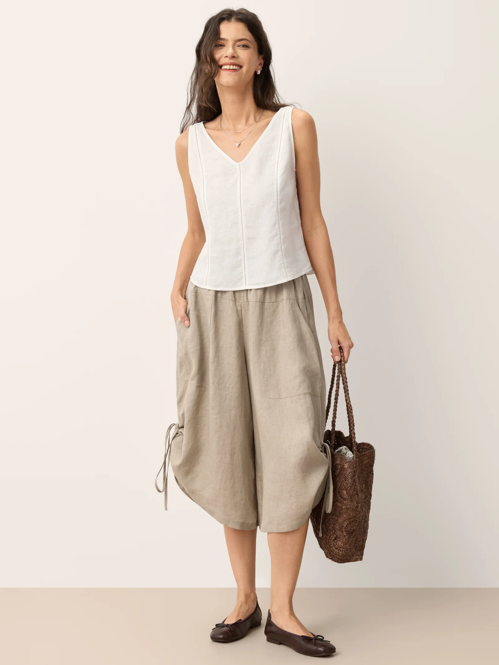 100% Linen Lace Inset V-Neck Tank Top WINSLET - Image 8