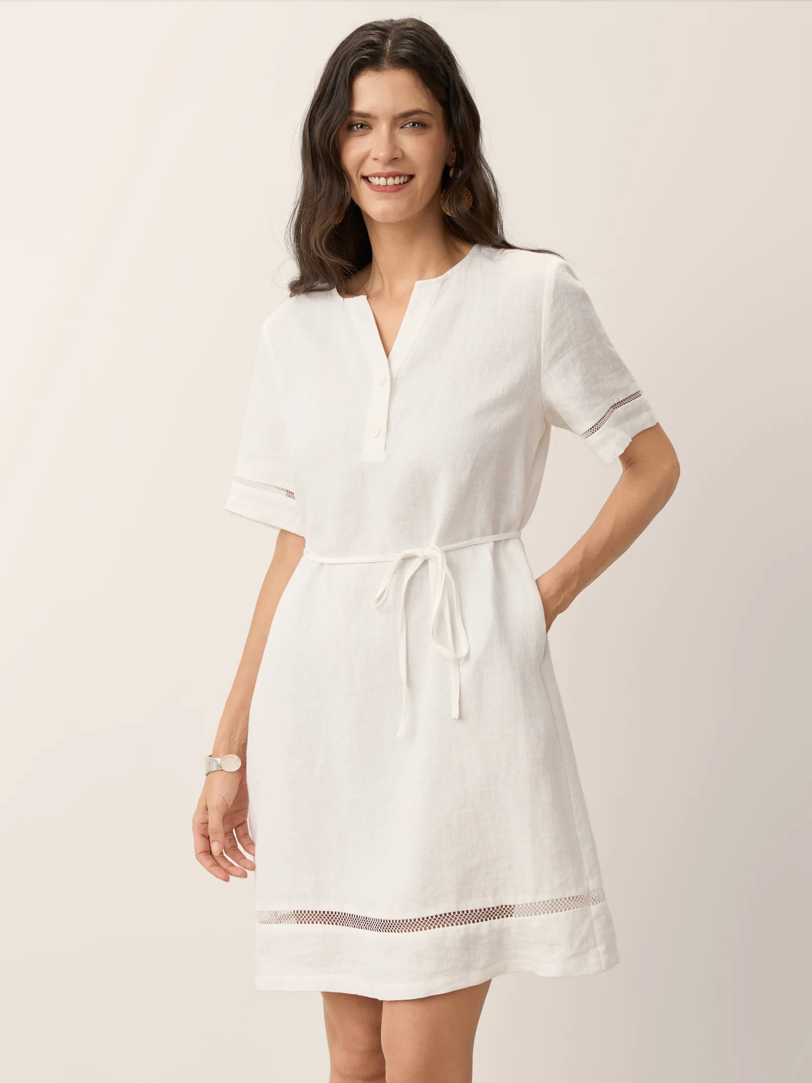 100% Linen Lace Trim Drawstring Waist Mini Dress BELLAMY