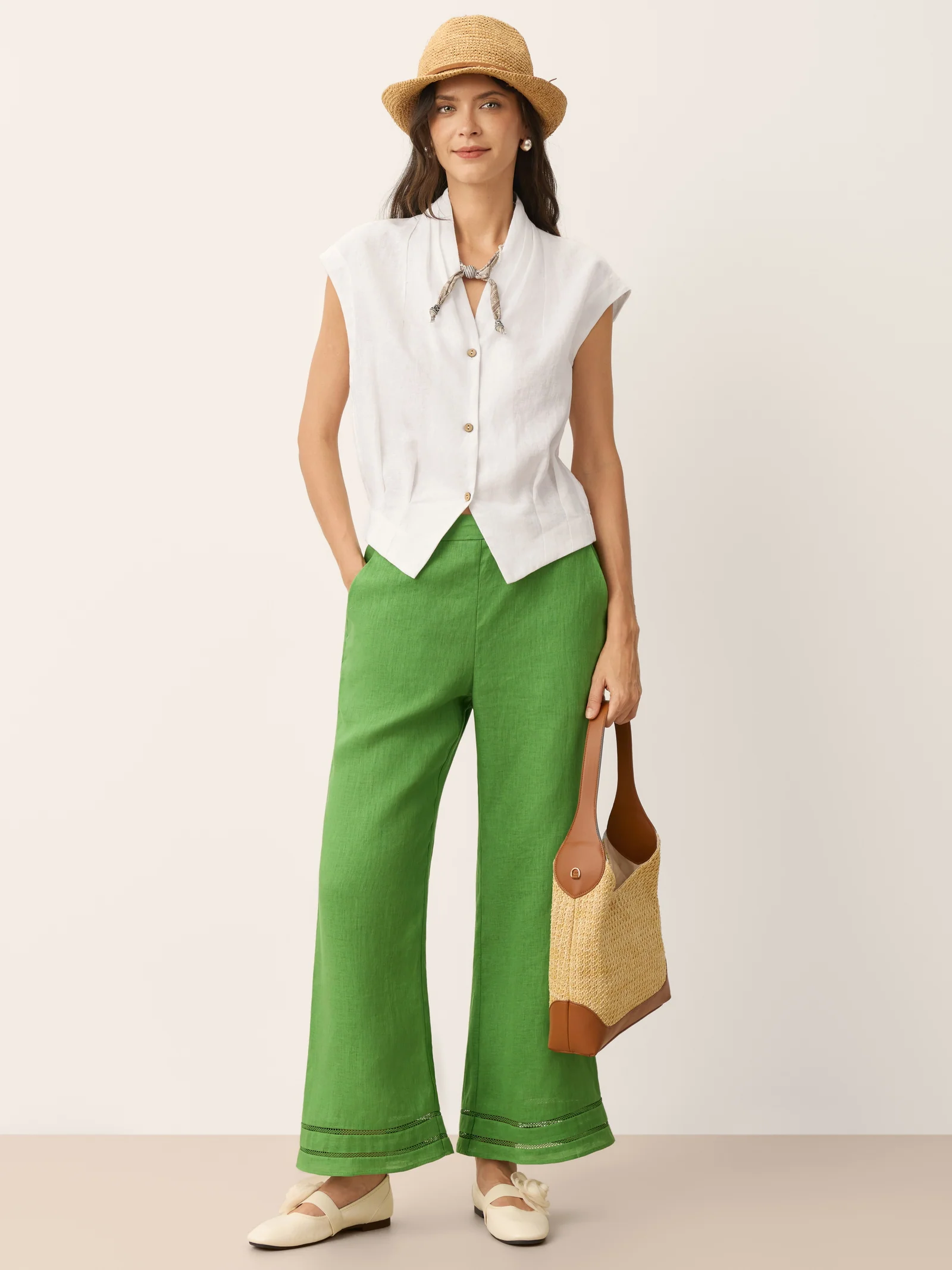 100% Linen Lace Trim Elasticated Waist Cropped Flare Pants NERINA - Image 4