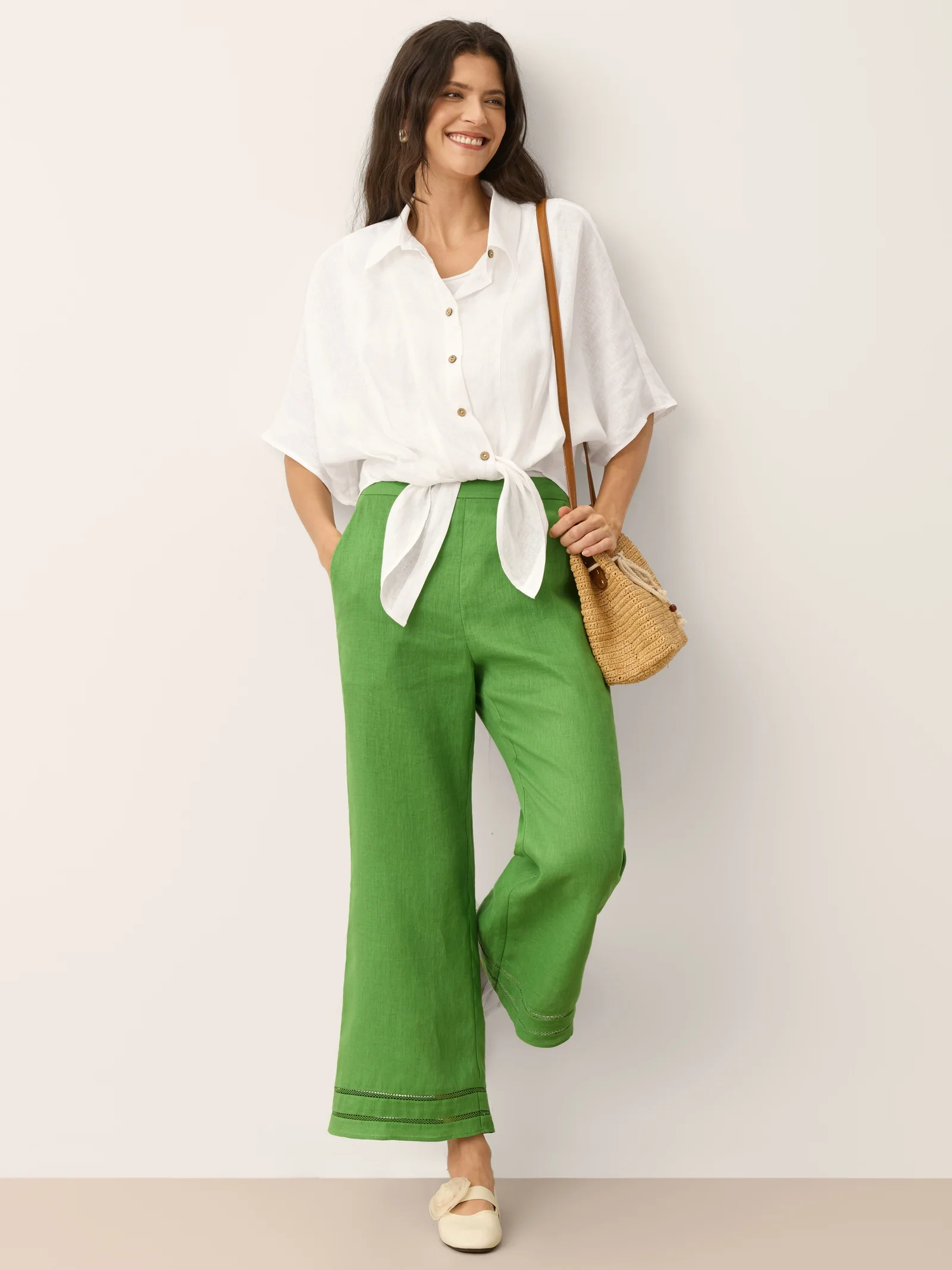 100% Linen Lace Trim Elasticated Waist Cropped Flare Pants NERINA - Image 9