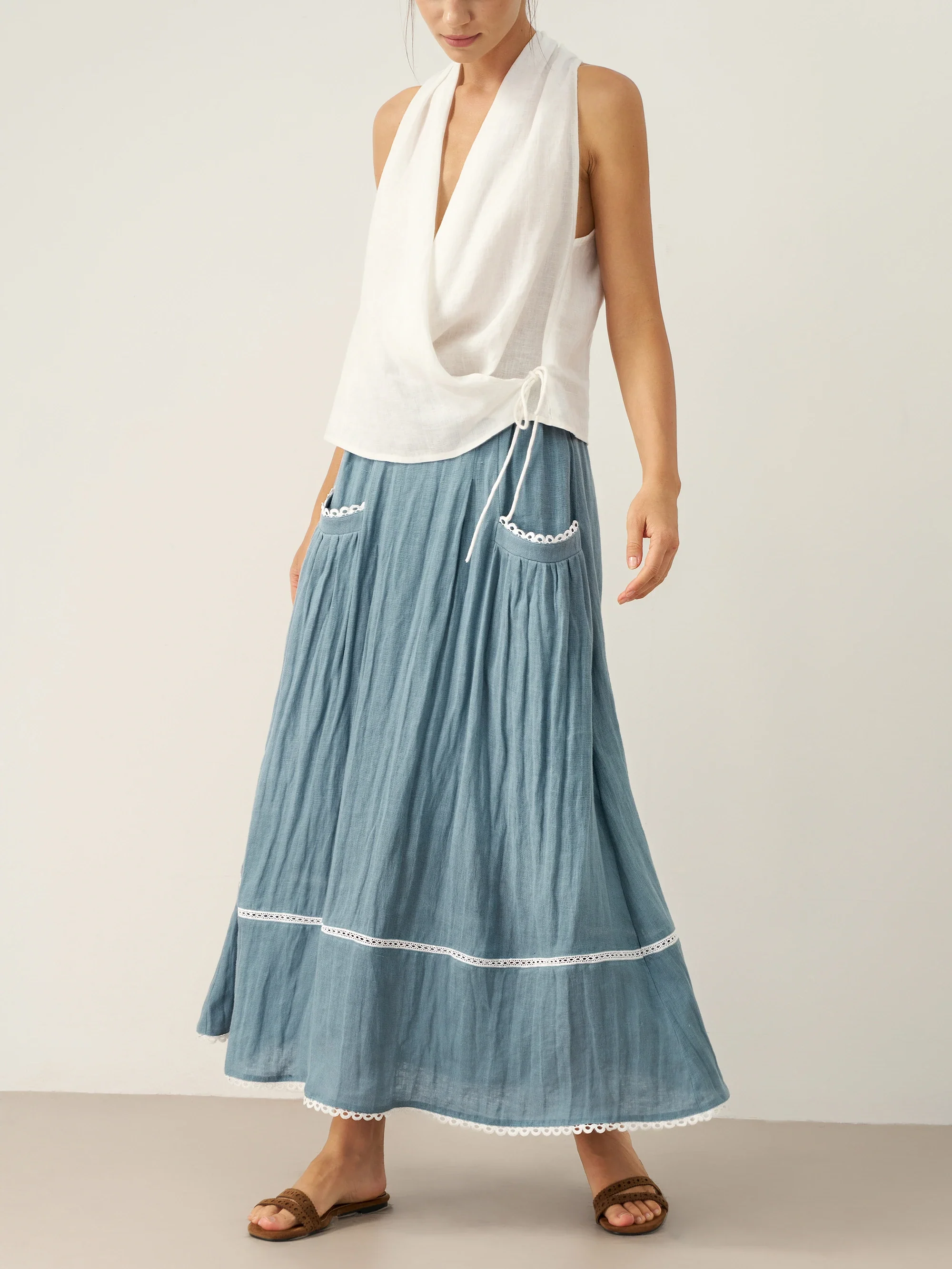 100% Linen Lace-Up Pocket Skirt FENLA - Image 8