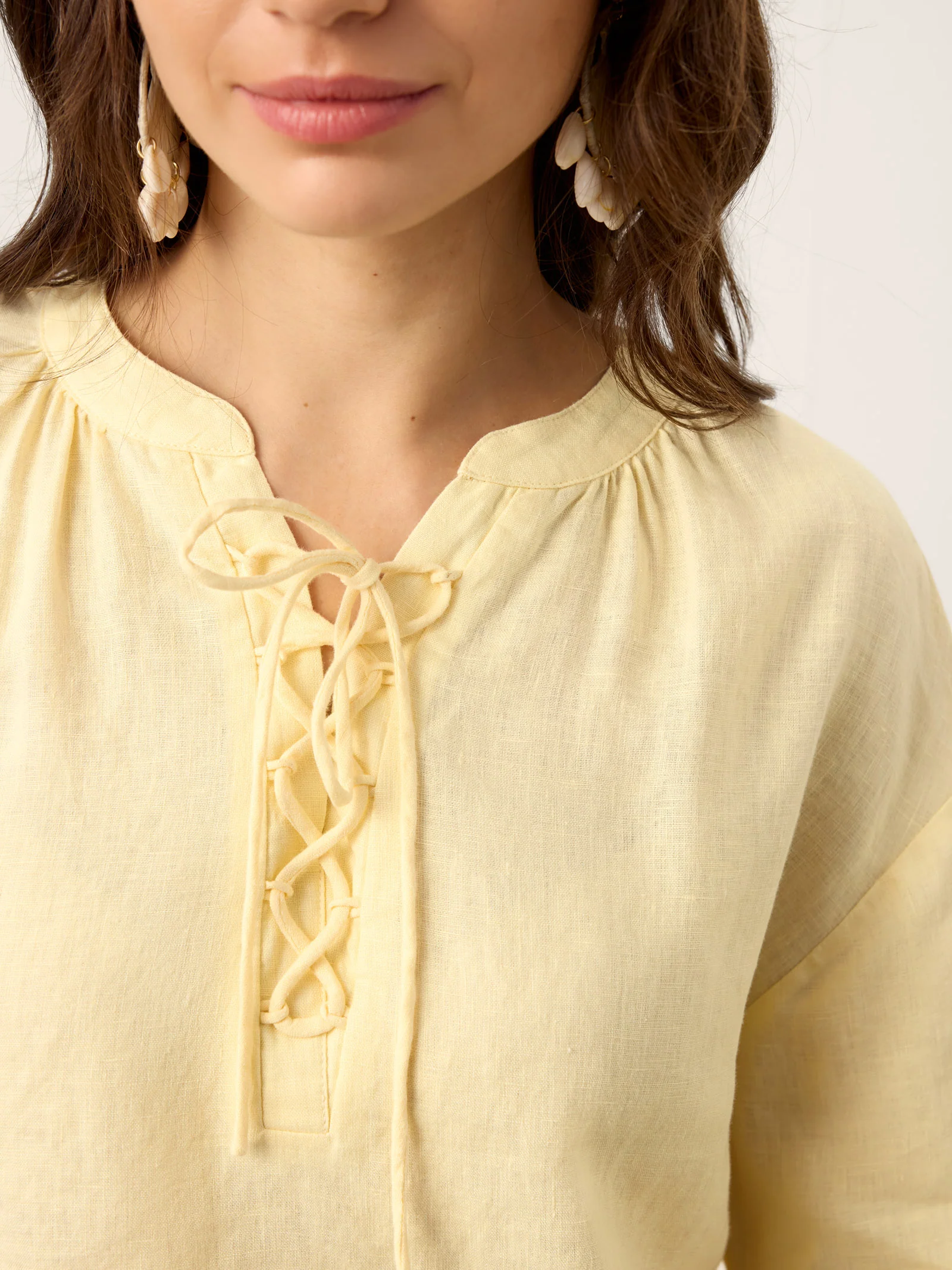 100% Linen Lace-Up Shirred Lantern Sleeve Blouse DOROTHEA - Image 7