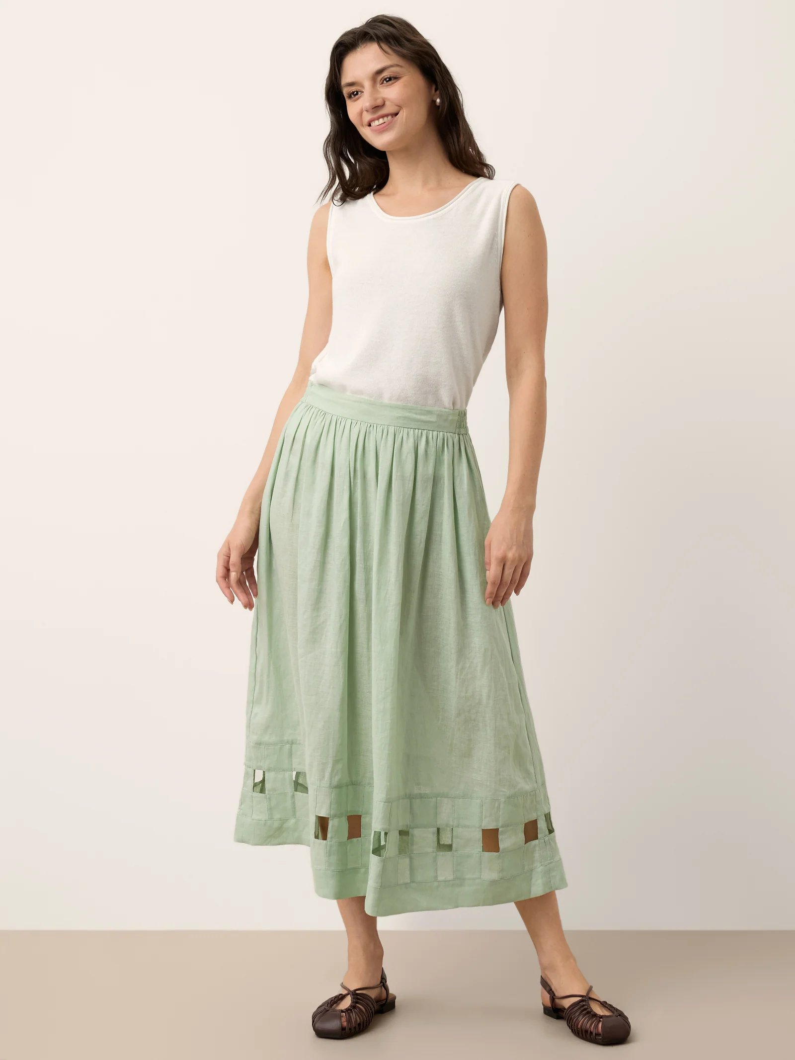 100% Linen Layered Handwoven Lattice Hem Elastic Waist Midi Skirt ALINAH - Image 10
