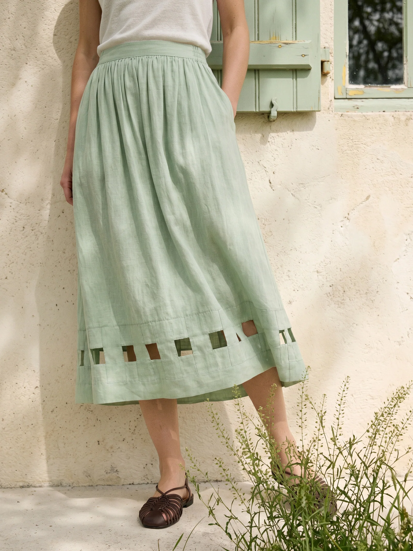 100% Linen Layered Handwoven Lattice Hem Elastic Waist Midi Skirt ALINAH - Image 2
