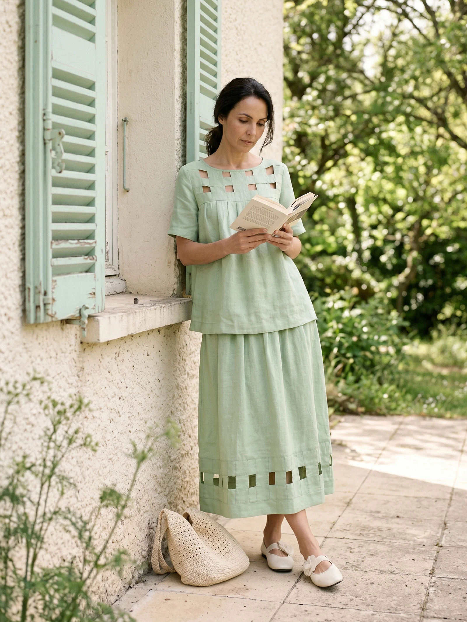 100% Linen Layered Handwoven Lattice Hem Elastic Waist Midi Skirt ALINAH - Image 3