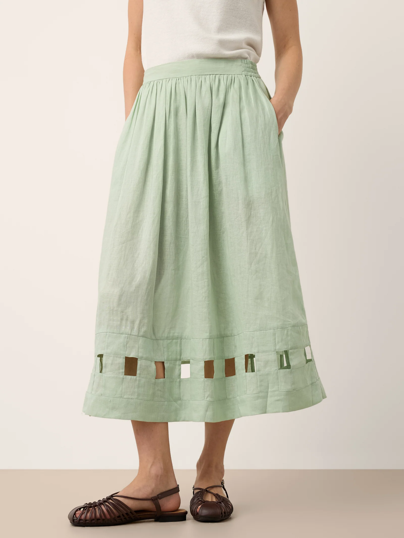 100% Linen Layered Handwoven Lattice Hem Elastic Waist Midi Skirt ALINAH - Image 4