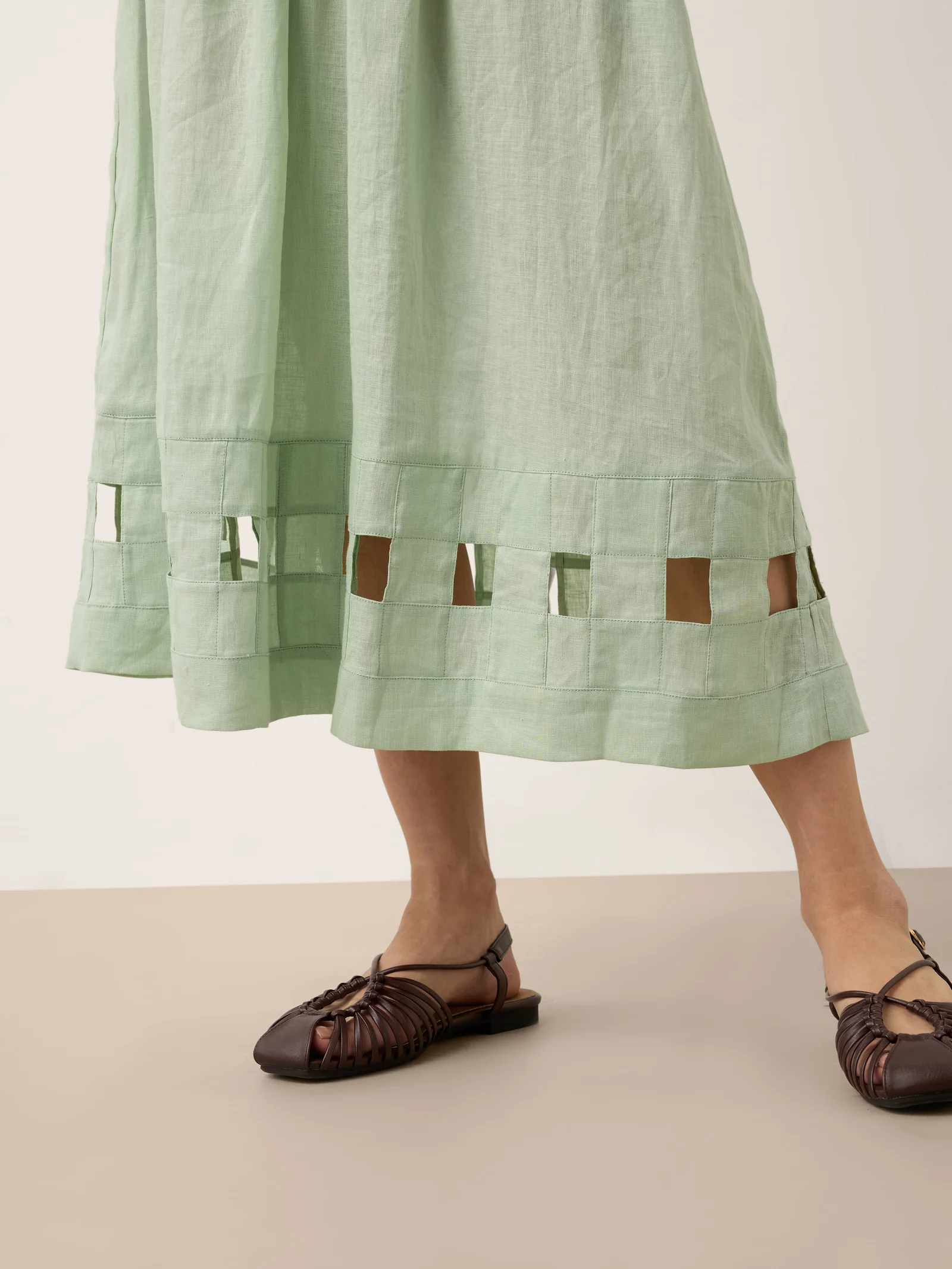 100% Linen Layered Handwoven Lattice Hem Elastic Waist Midi Skirt ALINAH - Image 6