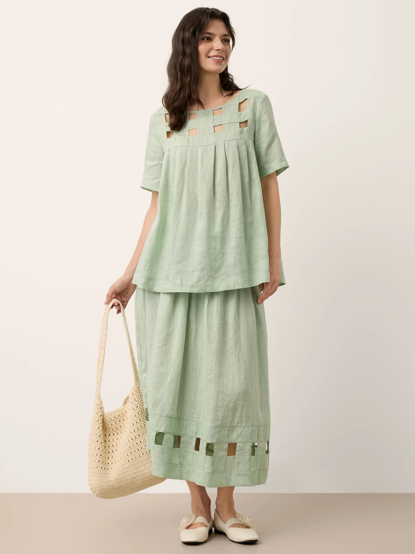 100% Linen Layered Handwoven Lattice Hem Elastic Waist Midi Skirt ALINAH - Image 9