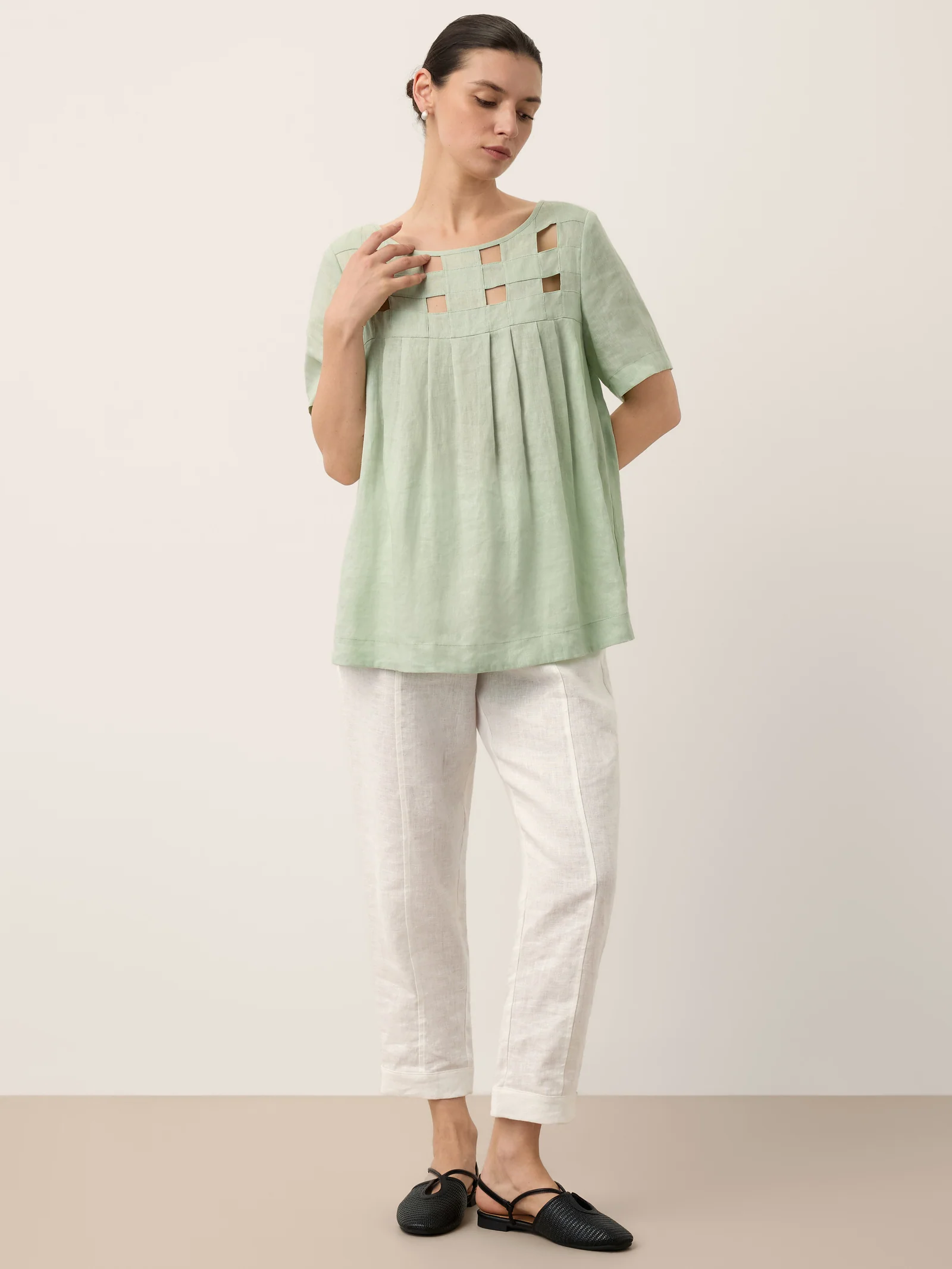 100% Linen Layered Handwoven Lattice Pleated Top AMALIA - Image 9