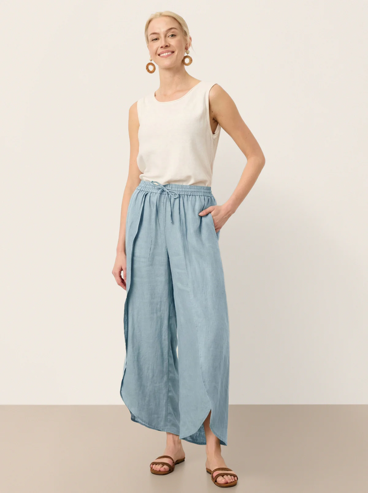 100% Linen Layered Slit Wide-Leg Drawstring Pants PEREGRINE - Image 15