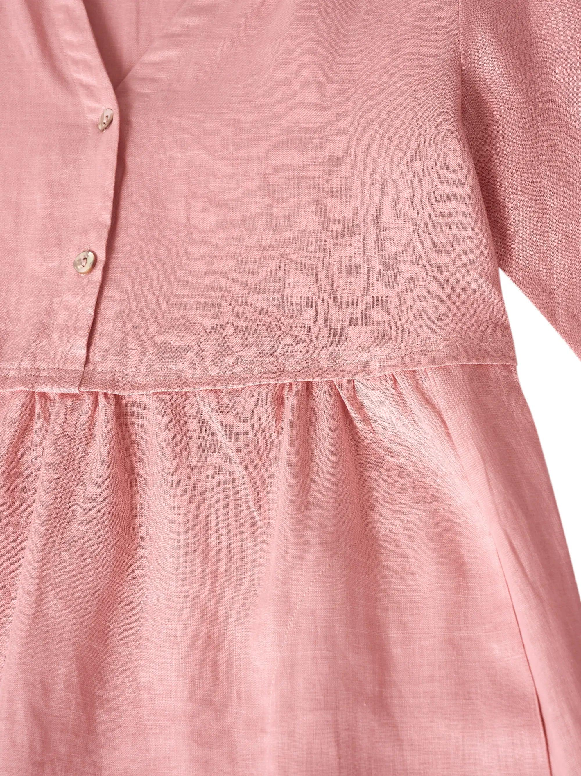 100% Linen Loose Fit Button Waist Gathered Midi Dress LUNA - Image 11