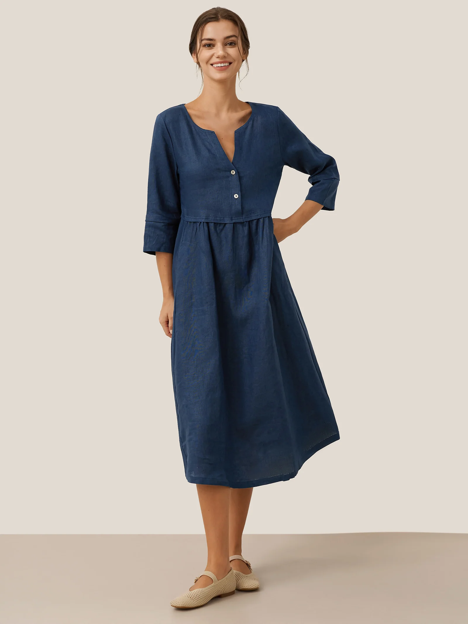 100% Linen Loose Fit Button Waist Gathered Midi Dress LUNA - Image 22