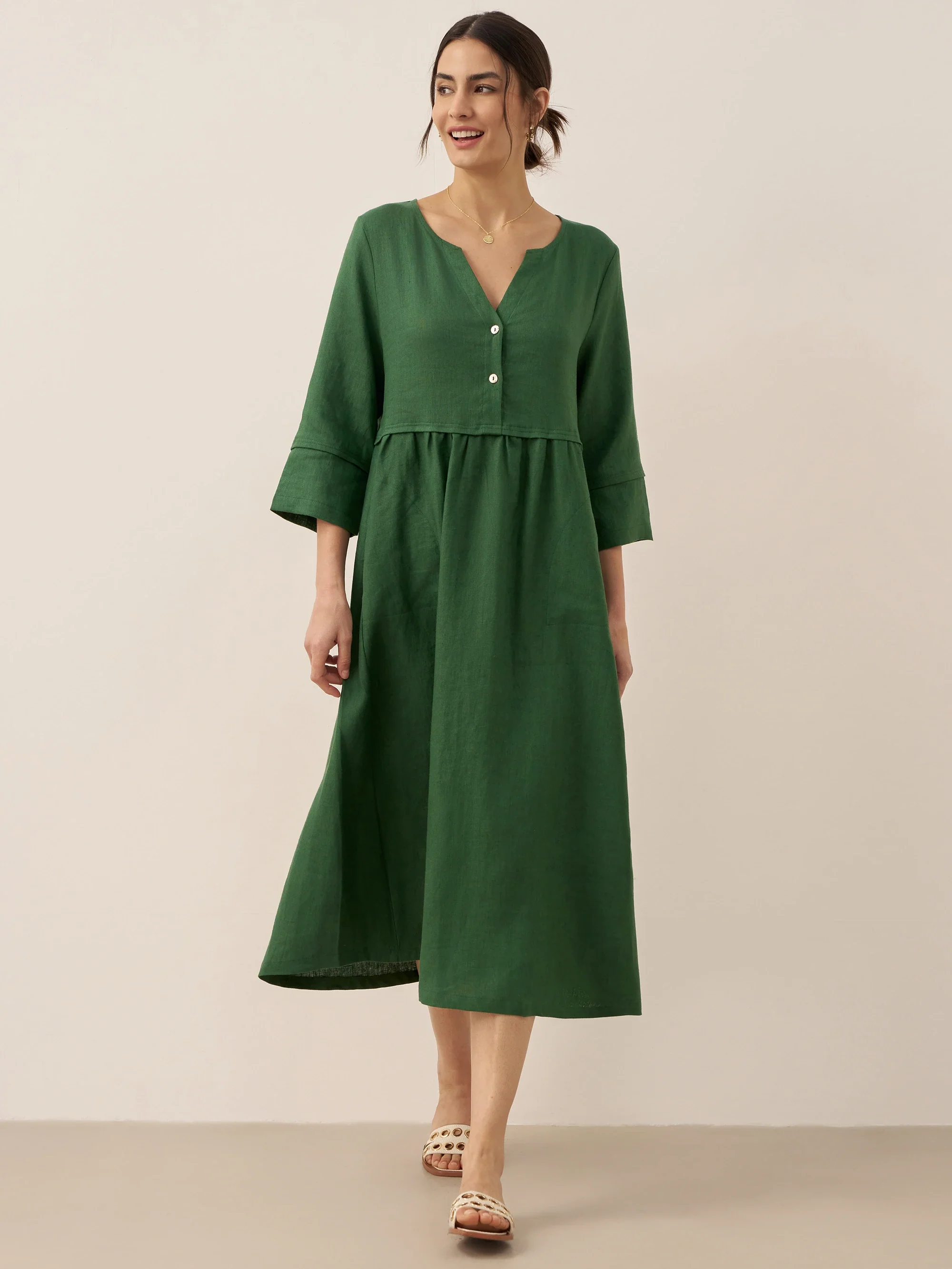 100% Linen Loose Fit Button Waist Gathered Midi Dress LUNA - Image 25