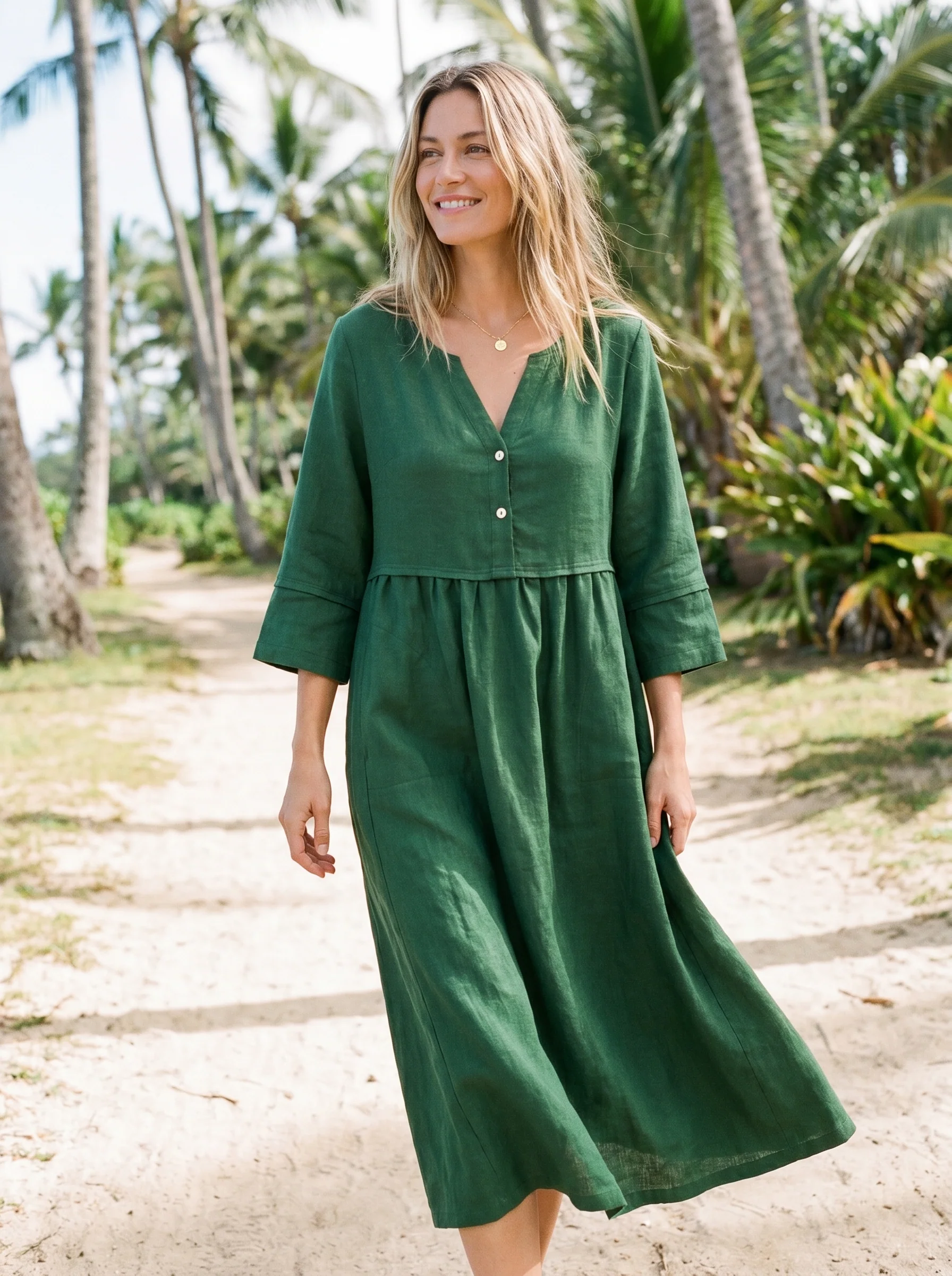 100% Linen Loose Fit Button Waist Gathered Midi Dress LUNA - Image 26